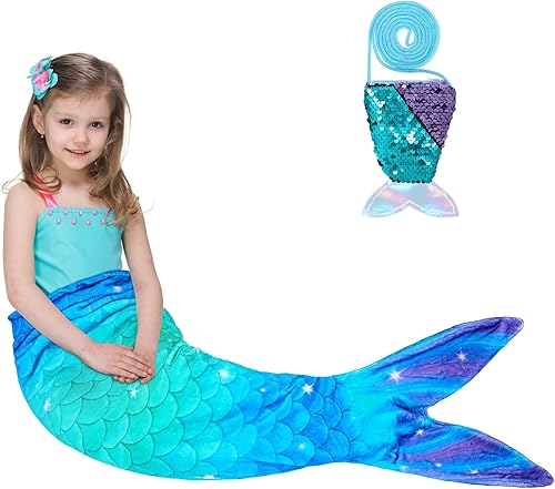 Manta de cola de sirena para niñas y niños, manta de sirena con monedero, manta de franela suave para acurrucarse, juego de regalo de cumpleaños