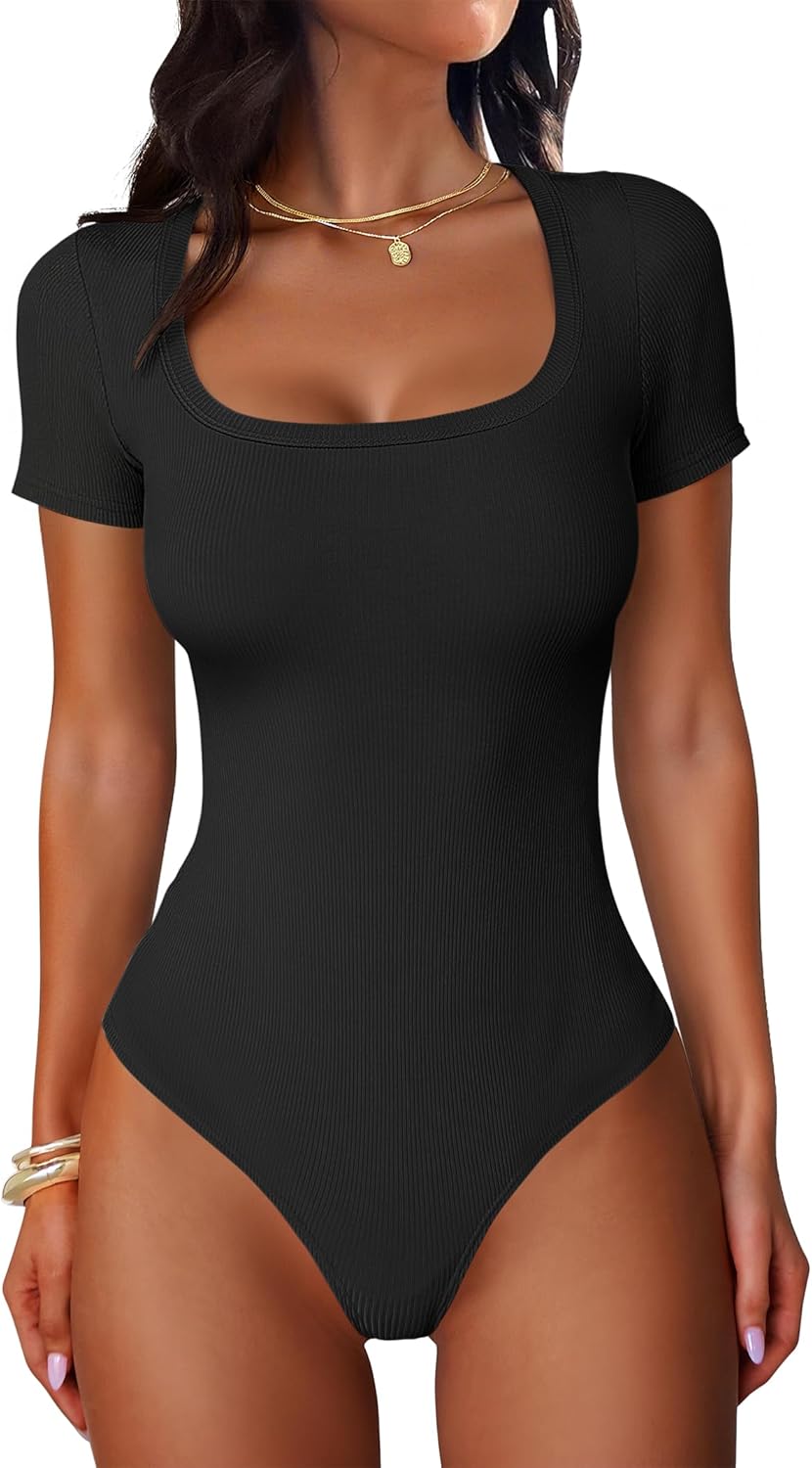 ANRABESS Bodysuits for Women Short Sleeve Scoop Neck Tops 2026 Summer Slim Fit Ribbed Knit Sexy Basic Shirt Fashion Outfits