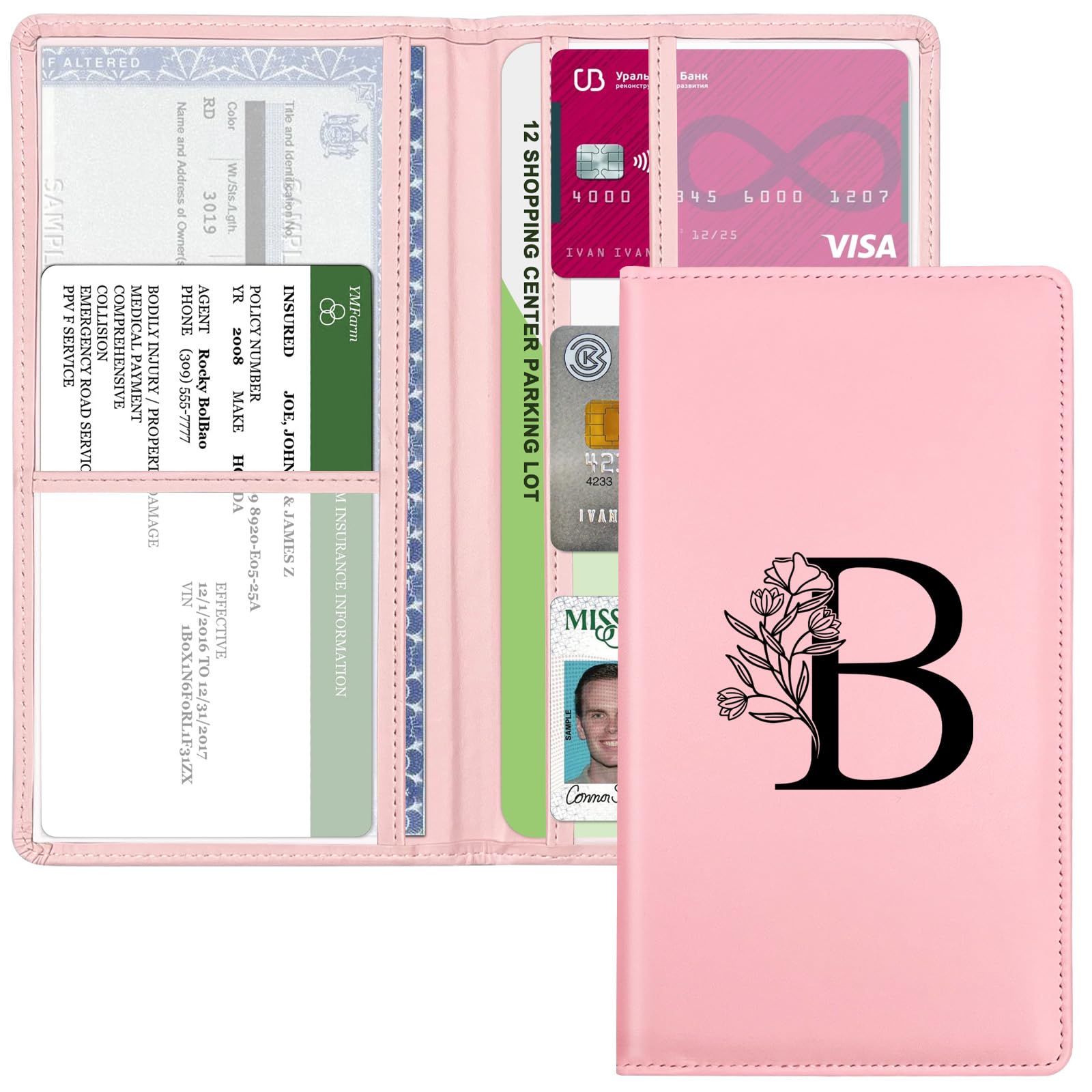 Car Registration and Insurance Holder Car Document Holder with Closure Pink with Letters Wallet Case Auto Vehicle Car