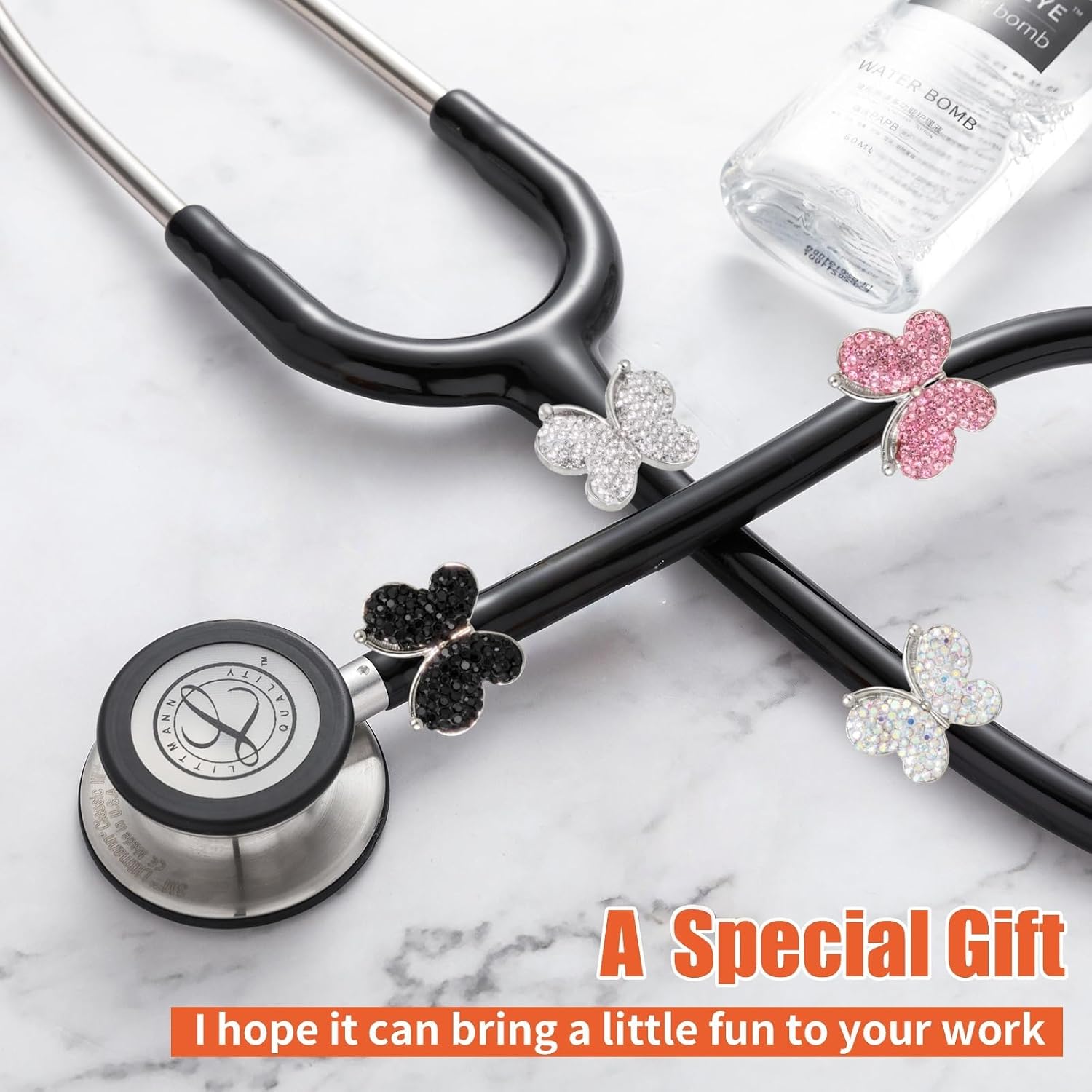 4 Pack Bling Butterfly Stethoscope Charms Diamond Stethoscope Name Tag Charm for Littmann,Nurses,Veterinary(White+Pink+Ab+Black)