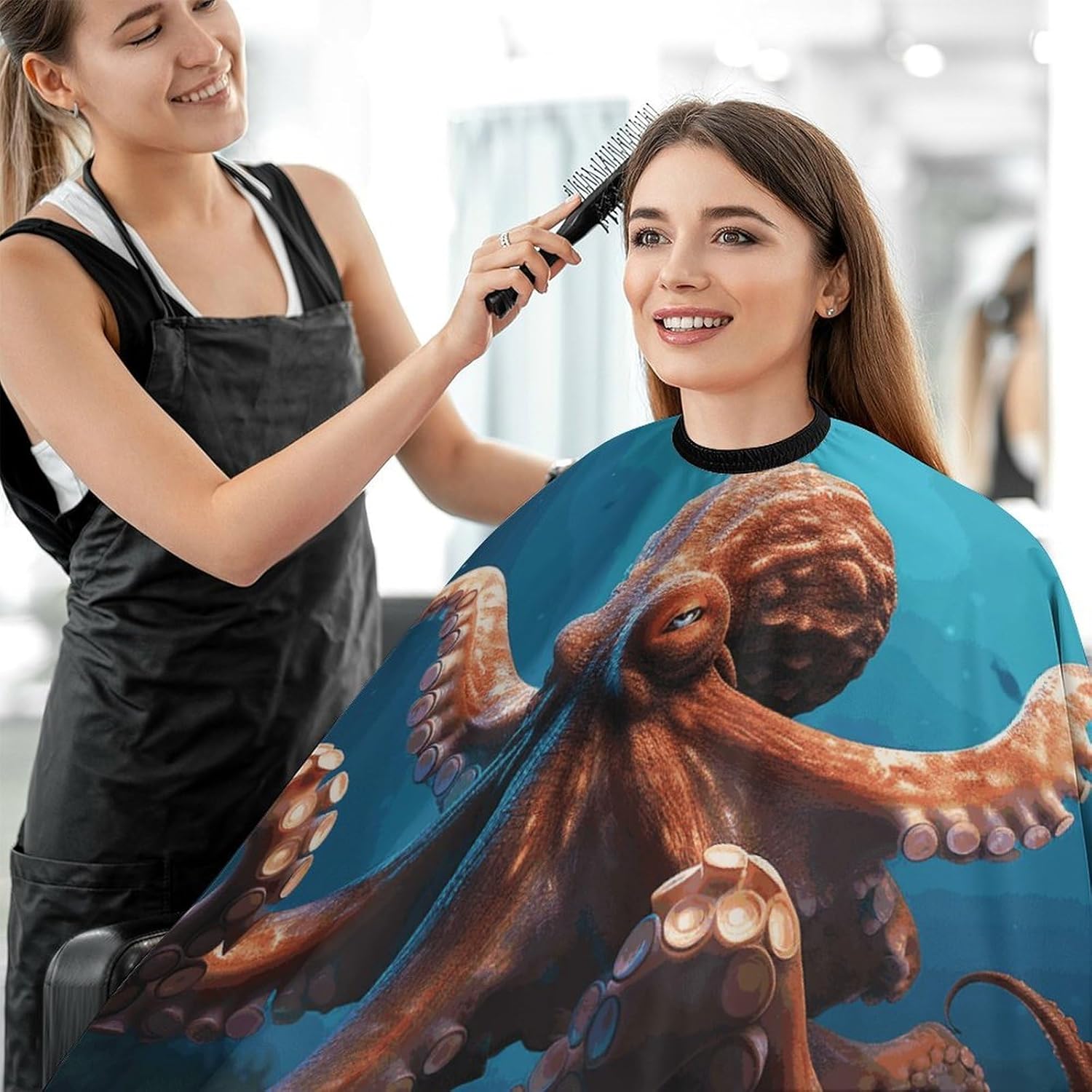 Ocean Animal Octopus Apron for Women Men,Barber Cape with Adjustable Snap Closure,Hair Cutting Cape,66.9 X 56.7 Inches for Hair Dye, Comb-out, Styling, Shampoo