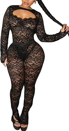 CALEBGAR Sexy 2 Piece Outfits for Women Lace See Through Long Sleeve Backless Bodysuits Bodycon Flared Leggings Set