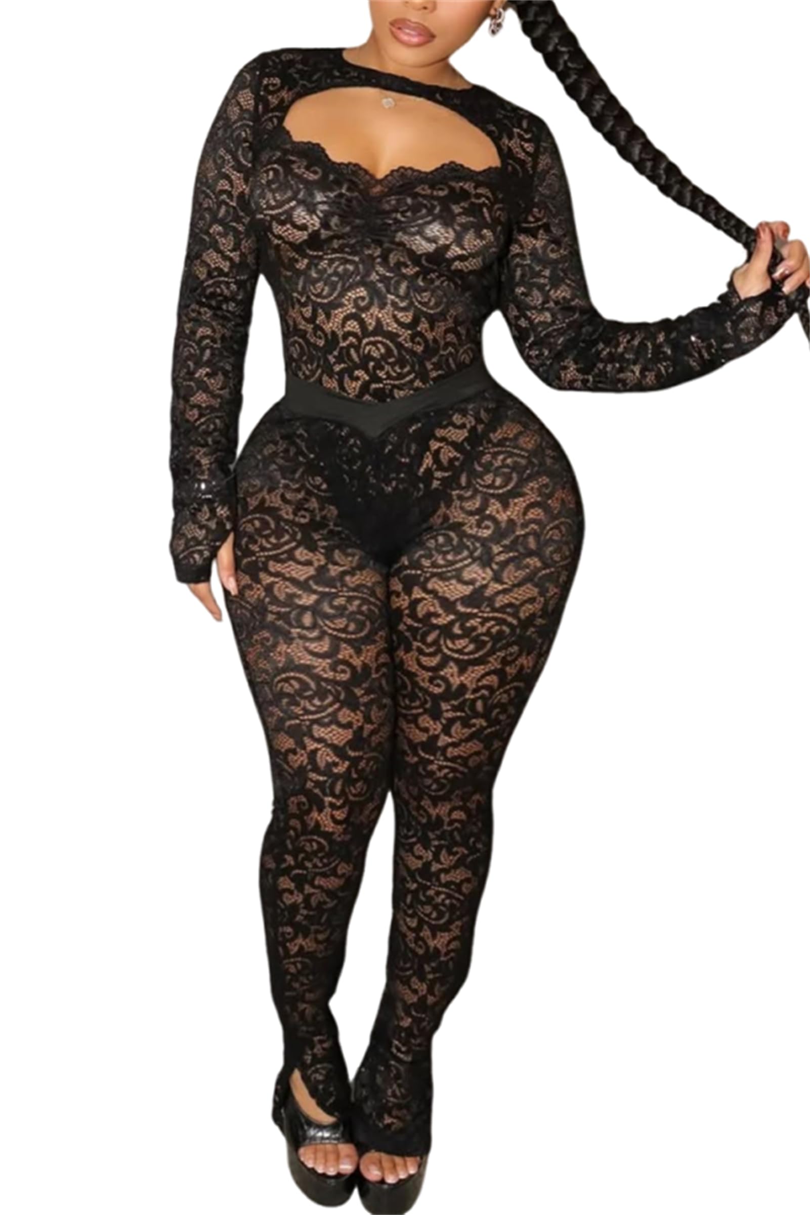 CALEBGAR Tenues sexy 2 pièces pour femme en dentelle transparente à manches longues dos nu bodycon évasé ensemble de leggings