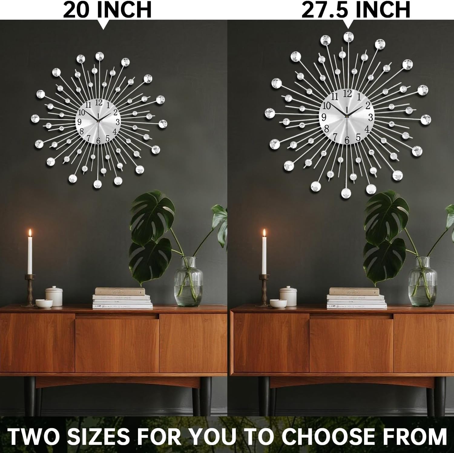 SIN&MI Large Wall Clock for Living Room Decor Non-Ticking Quiet Metal Quartz Clocks Modern Dial Bling Big Crystal Wall Clocks for Home Kitchen Bedroom Indoor Decorative/ 27.5 Inch