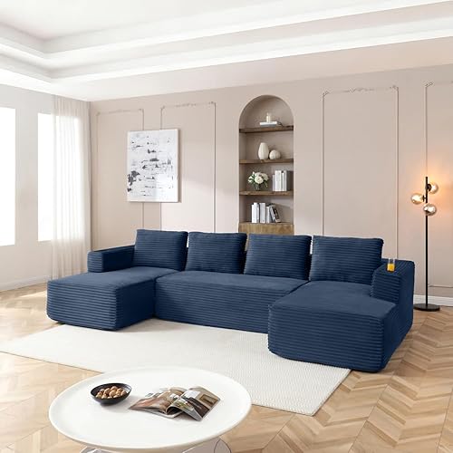 132" Modular Sectional Sleeper Sofa, Boneless Cloud Couch for Living Room, U Shaped 5 Seat Sofa with 2 Cup Holders, Free Combination, No Assembly Required (Blue)