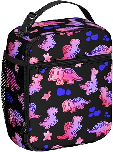 Miniatura 3 de Lonchera con diseño de dinosaurio rosa, con bonito diseño de corazón, aislada, para niños, mujeres, hombres, reutilizable, refrigerante, lonchera