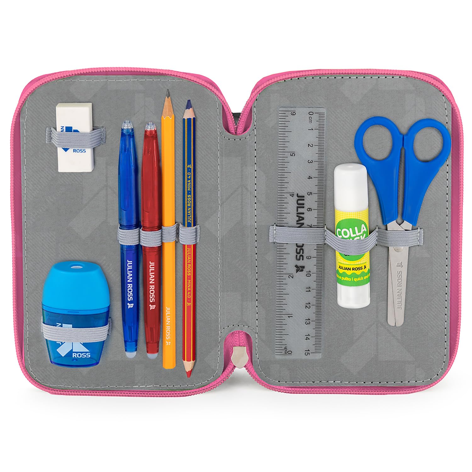 Plumier Triple 45 Piezas – Estuche Escolar Completo con Bolígrafos Gel Borrables, Lápices 4.0 mm, Rotuladores, Tijeras, Pegamento – Ideal Primaria y Regalo niña – Sirena Brillante – Julian Ross