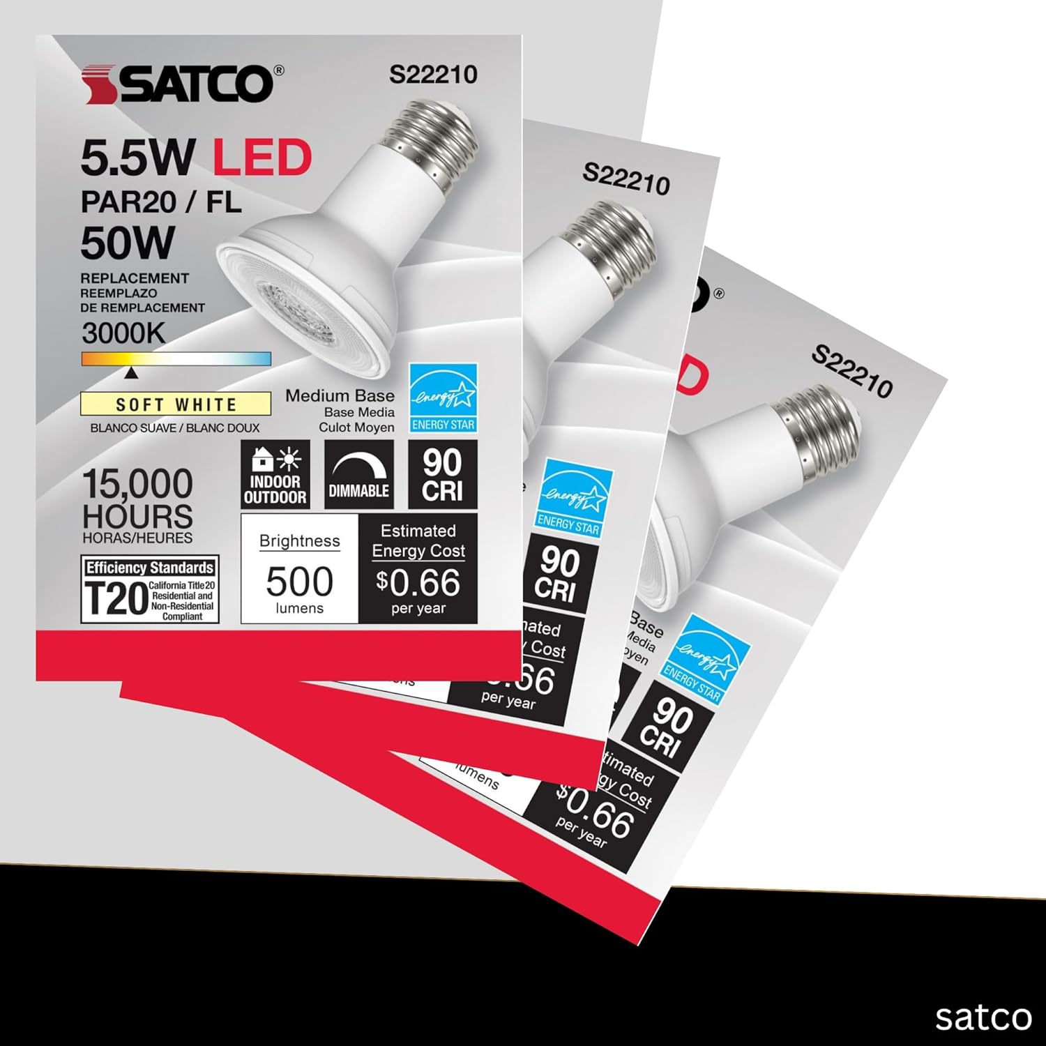 Satco LED PAR20 Lamp 5.5W 50W Equivalent 3000K Soft White 90+ CRI 40° Beam Angle Dimmable Medium Base 120V Clear Finish – Part S22210 (24 Pack)