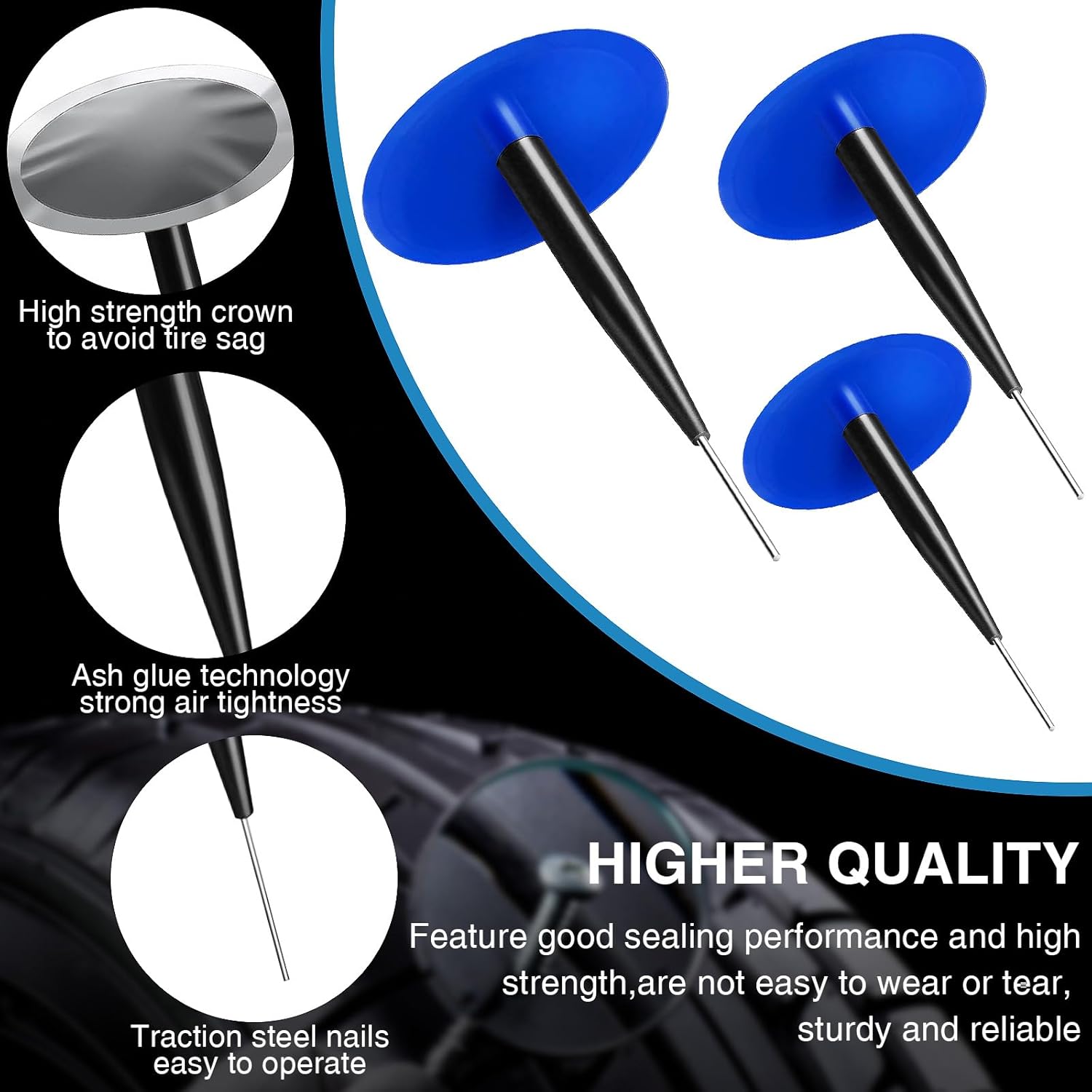 24 Pcs Tire Plug Patch Kit Automotive Tyre Repair Plug Patch Mushroom Nail 0.14' x 1.42', 0.22' x 1.82', 0.3' x 2.37' Wrapped Stems (8pcs Each) for Car Motorcycle Truck Bus, Agricultural Tyres