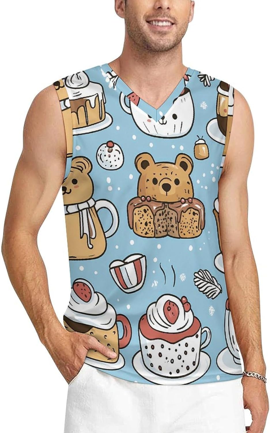 Christmas Bear Cakes Dessert Men's V-Neck Basketball Tank Top Sleeveless Workout Tank Shirts Gym Fitness Tees Vest