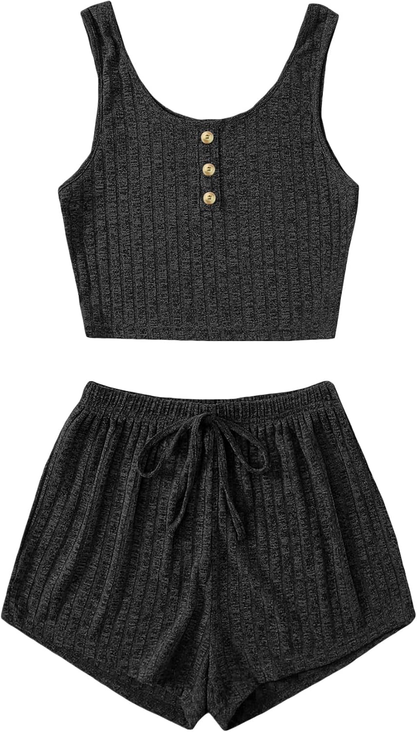 SOLY HUX Women's Button Front Ribbed Knit Tank Top and Shorts Pajama Set Sleepwear Lounge Sets