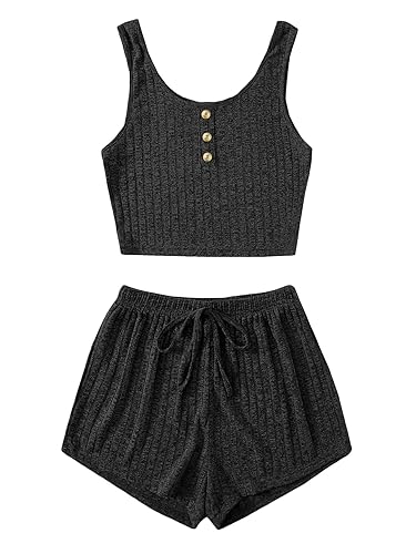 SOLY HUX Women's Button Front Ribbed Knit Tank Top and Shorts Pajama Set Sleepwear Lounge Sets - Medium - Plain Black
