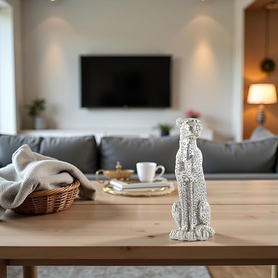 Cheetah Statue Silver Leopard Sculpture Home Decor Leopard Sculpture Resin Handmade Sitting Suitable for Living Room Table Center Bedroom Gift for Woman Father