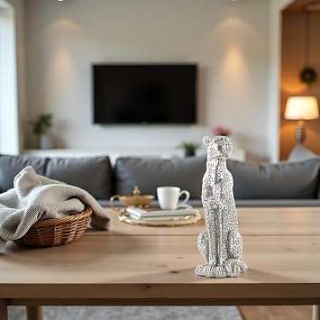 Cheetah Statue Silver Leopard Sculpture Home Decor Leopard Sculpture Resin Handmade Sitting Suitable for Living Room Table Center Bedroom Gift for Woman Father