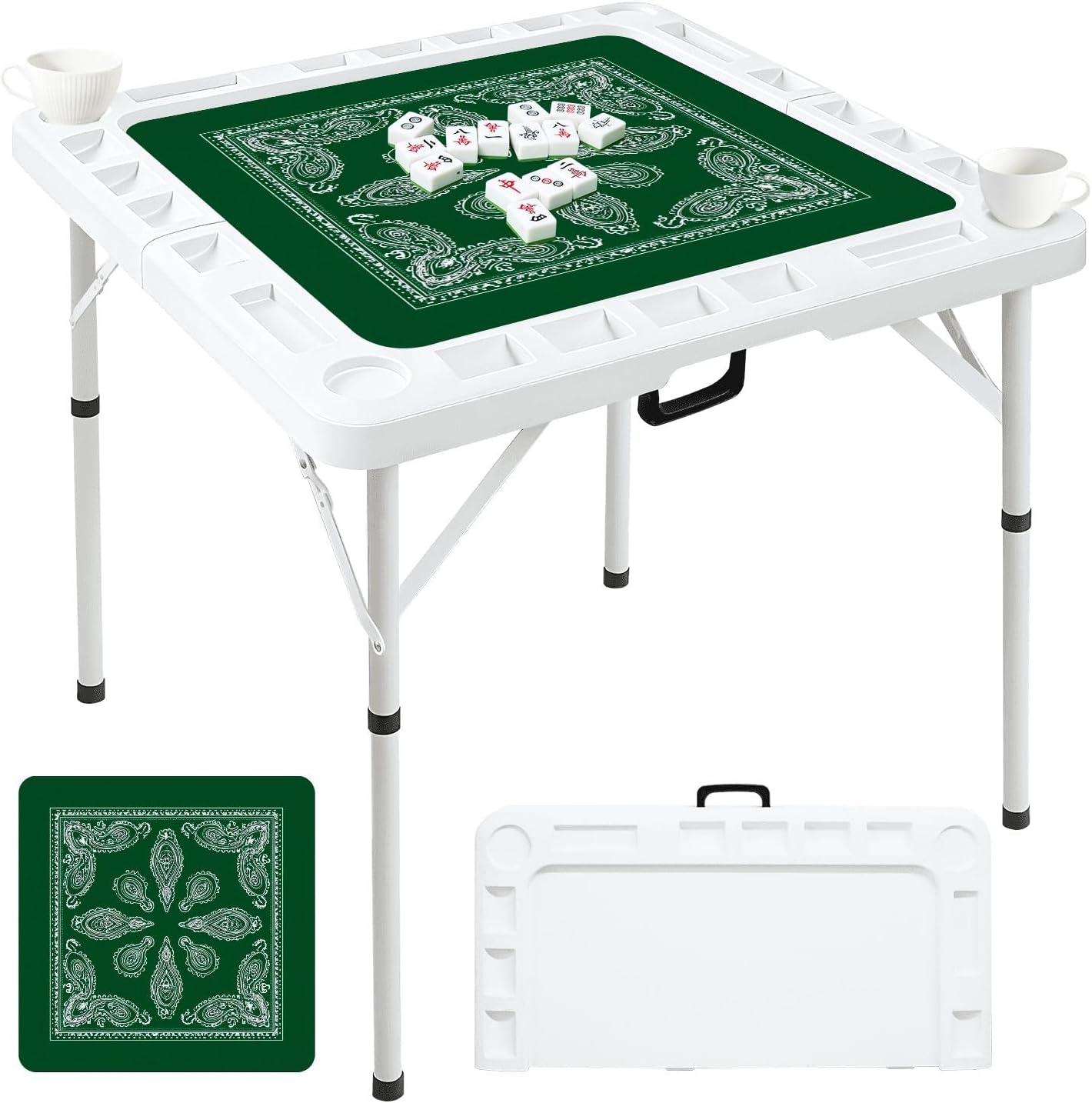 Folding Mahjong Table with Paisley Bandana Deep Green White Ornamental Floral Motifs Wear-Resistant Mahjong Mat, 4 Cup Holders & Chip Trays for 4 Players Square Portable Card Table for Poker Domino