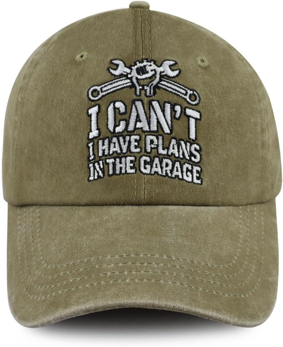 I Can't I Have Plans in The Garage Hats for Men Dad, Funny Adjustable Cotton Embroidered Mechanic Baseball Cap