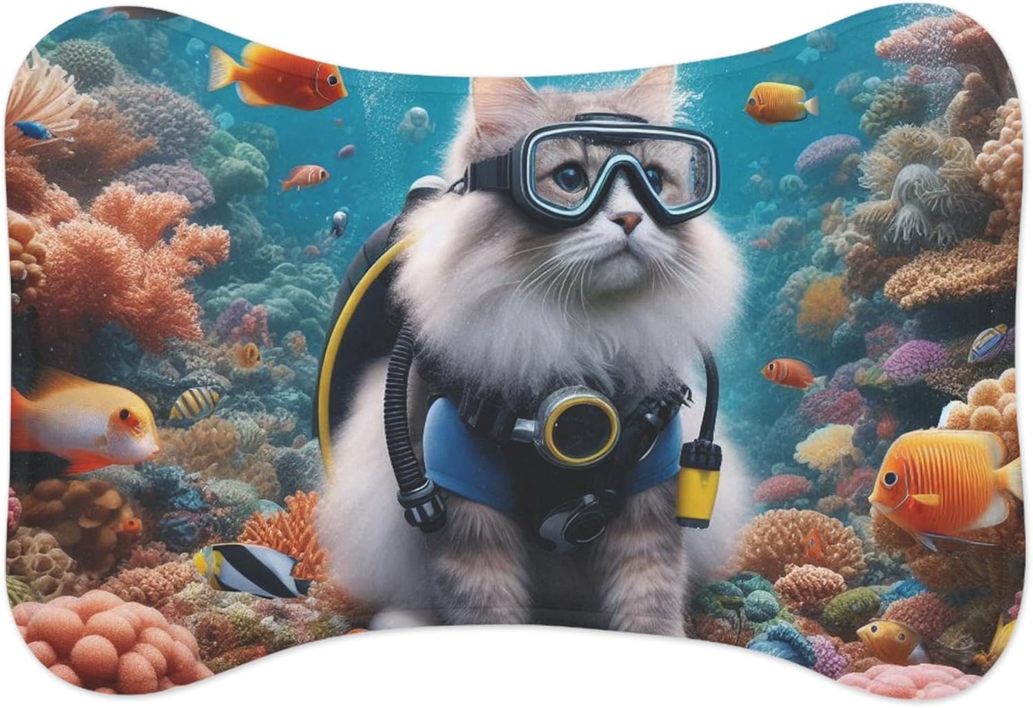 Realistic Scuba Diving Cat Pet Feeding Mat - Vibrant Colors & Memory Foam Comfort