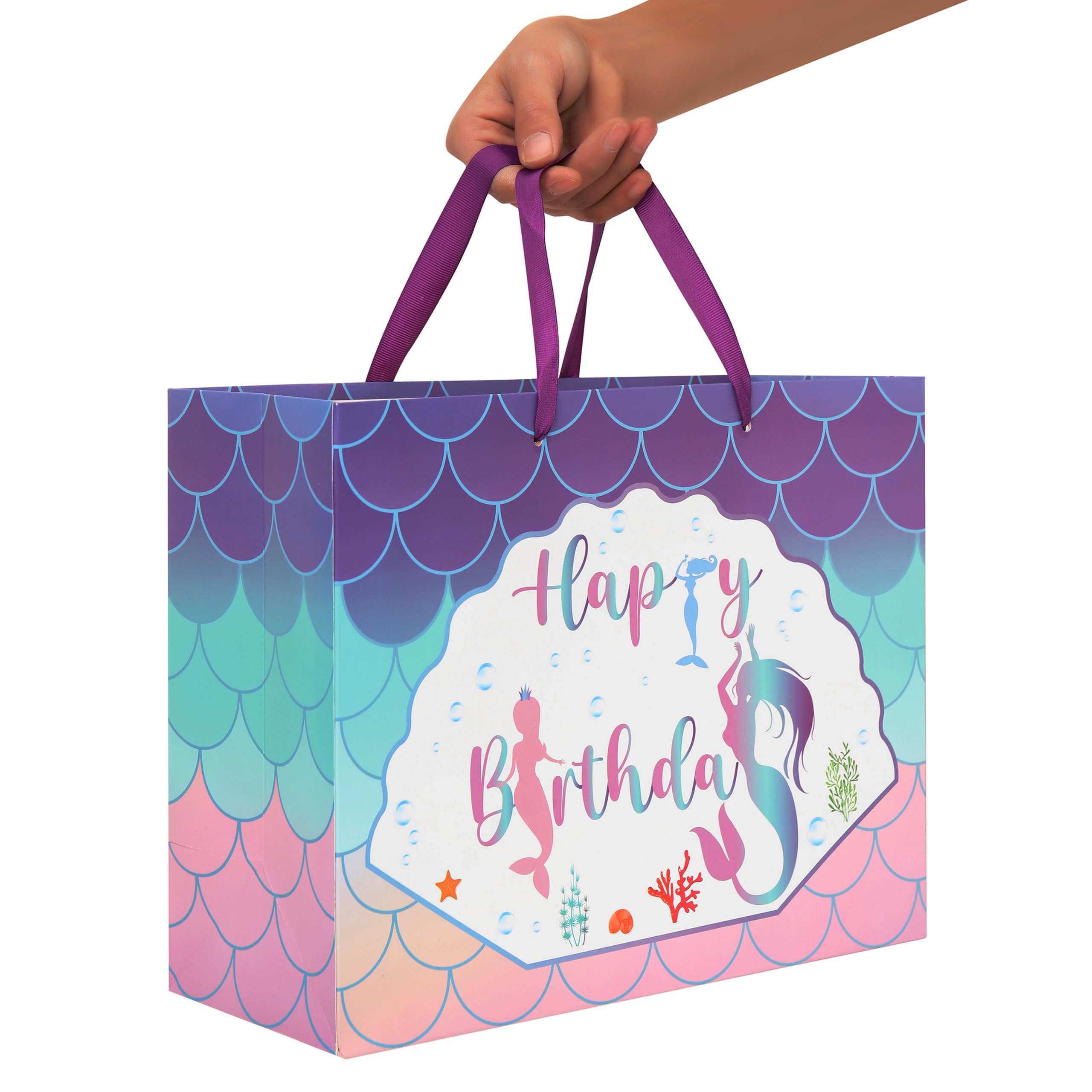 Qirrmiy 13" Large Purple Gift Bag Set with Greeting Card and Lavender Tissue Papers (Mermaid Design) for Girls' Birthday Party, Women's Birthday Parties, Baby Girl - 13”x5.2”x10.2”, 1 Pcs.