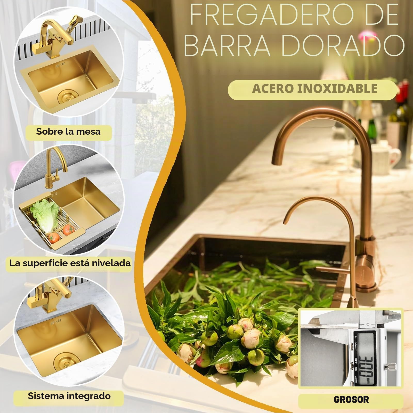 60 x 40 cm, dorado, 1 lavabo con grifo de acero inoxidable, fregadero de cocina rectangular, pequeño, con drenaje dorado y componentes de montaje, con cesta de desagüe, fregadero de bar