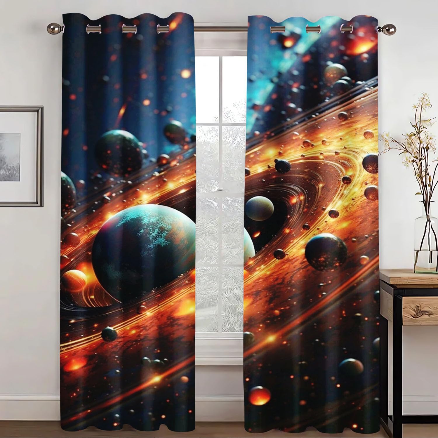 Universum Vorhänge mit Ösen 100x140cm Kinder Jugend | Blickdicht 2 Paneele 50x140cm, Planet Sternen Motiv Polyester Gardinen
