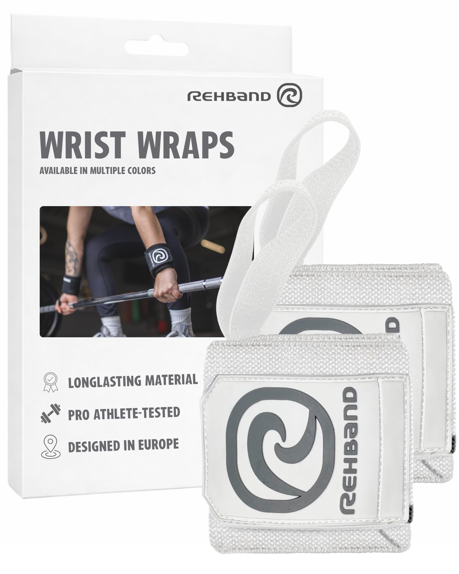 Rehband Wrist Wrap 1 Pair, Wrist Wraps Weightlifting, Training 18 inch, Wrist Wrap, Comfortable & Stabilizing Wrist Supports For Gym, Colour:Arctic/White, Size:One Size