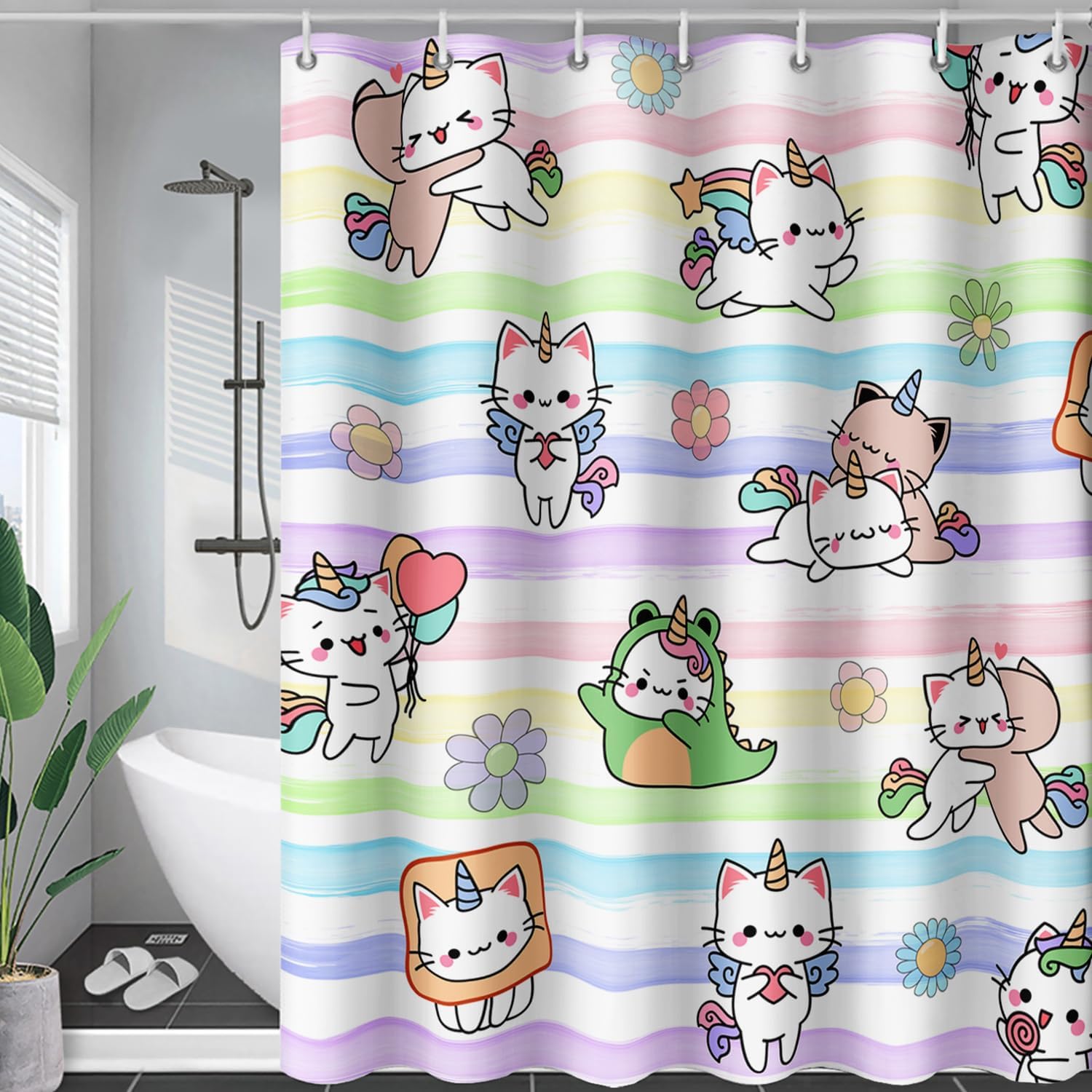 AILONEN Kids Unicorn Cat Shower Curtain for Bathroom,Cute Cartoon Rainbow Unicorn Bath Curtain,Kawaii Kitted Themed Polyester Waterproof Shower Curtain for Girls Teens,Washable 72" W x 78" H
