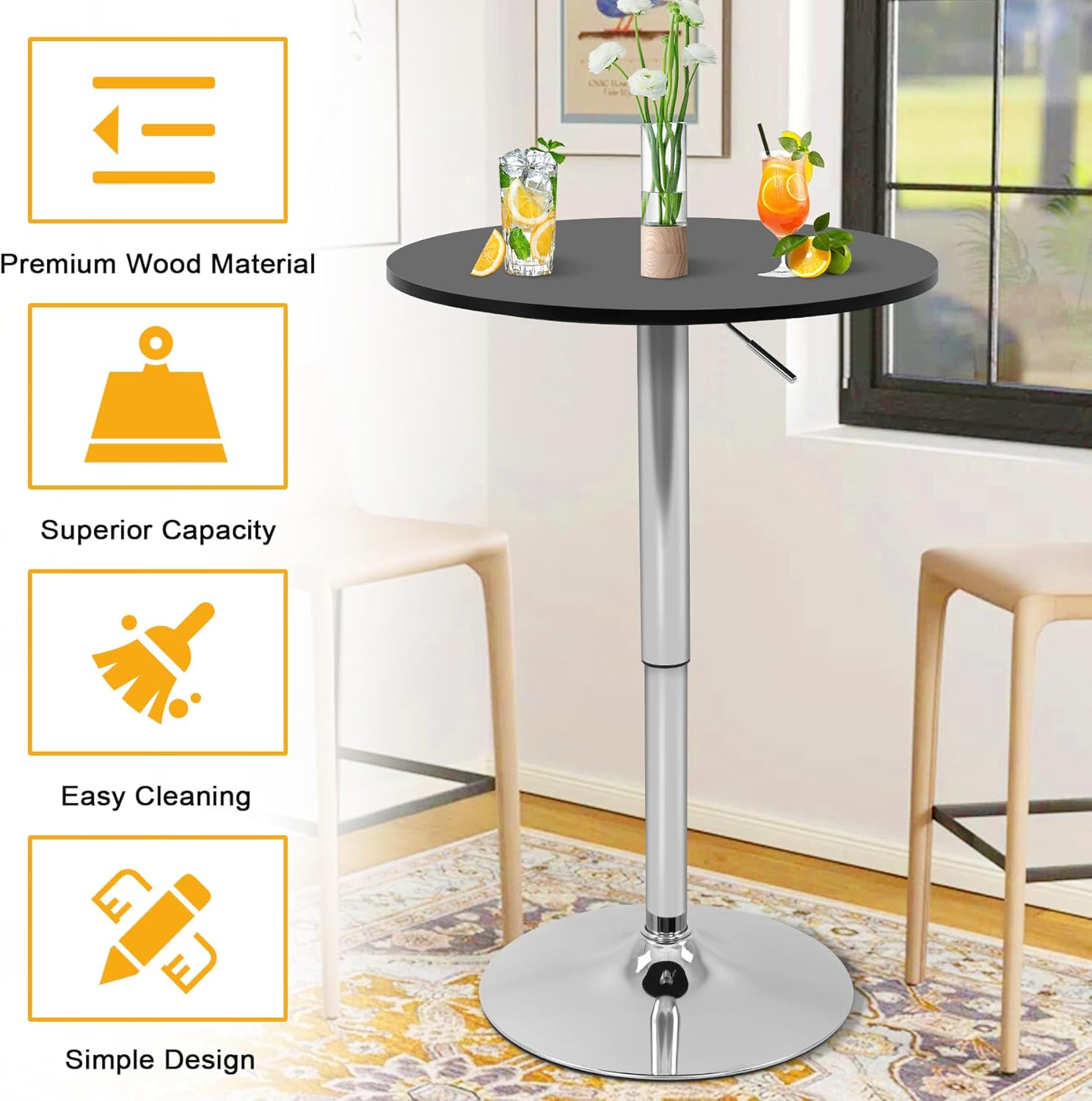 BLKMTY Round Bar Table Adjustable Height and 360° Swivel Bar Tables Counter Height Cocktail Bistro Table with MDF Top, Silver Leg Base for Bar, Bistro, Café, Black