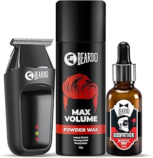 Beardo Alpha Edge Combo for Men | Ape-X Go Trimmer (5500 RPM, 80 Min Run Time, Travel Friendly), Godfather Lite Beard Oil (30ml), Max Volume Powder Wax (10g) | Complete Beard & Hair Grooming Kit | Gift for Men