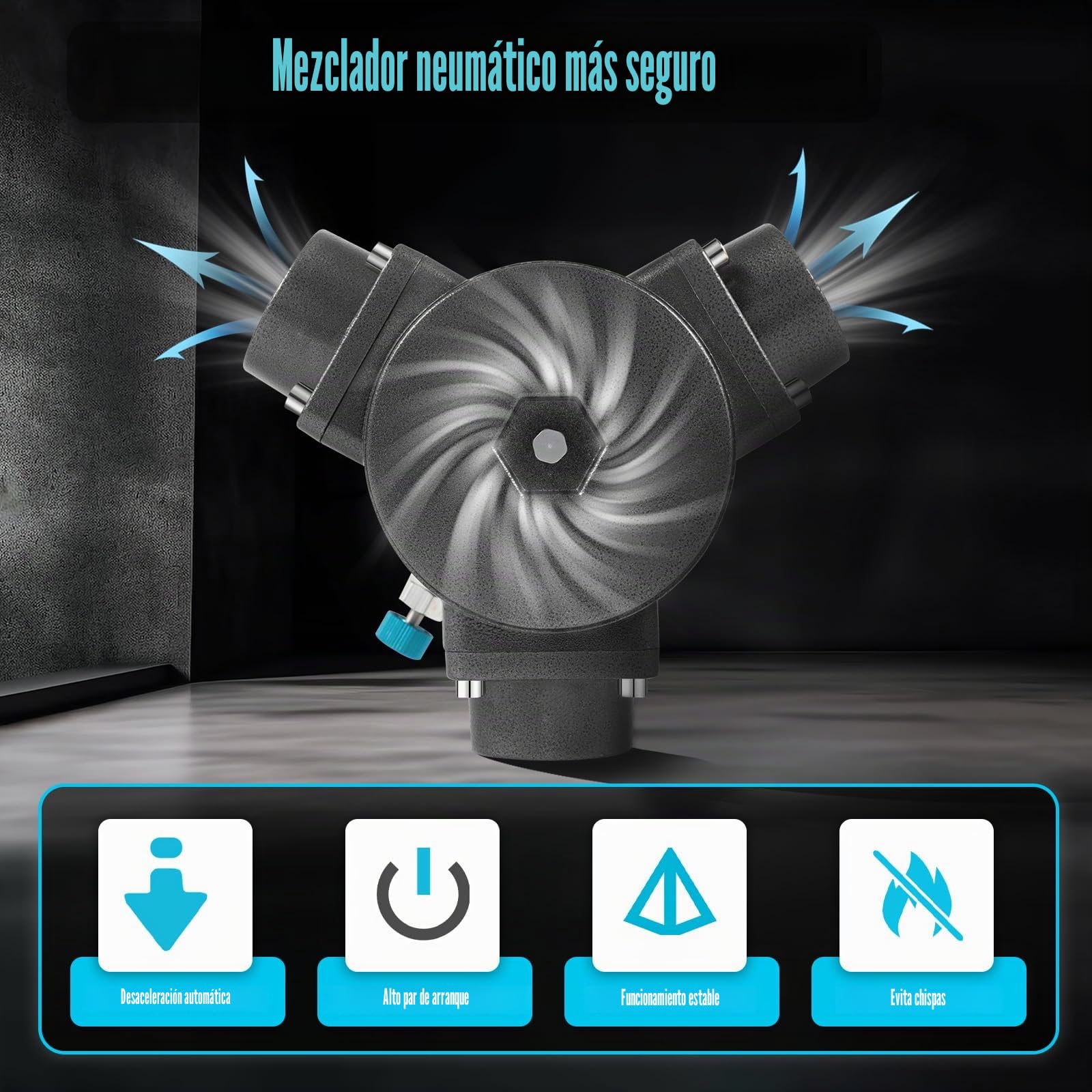 Mezclador Neumático Masilla 50 Gal Acero Inoxidable 1/2HP 50-2000RPM | Neumático Sin Chispas | 1/2HP 50-2000 RPM | Mezcla 50 Galones | Silencioso con Silenciador | Protección Sobrecarga Automática