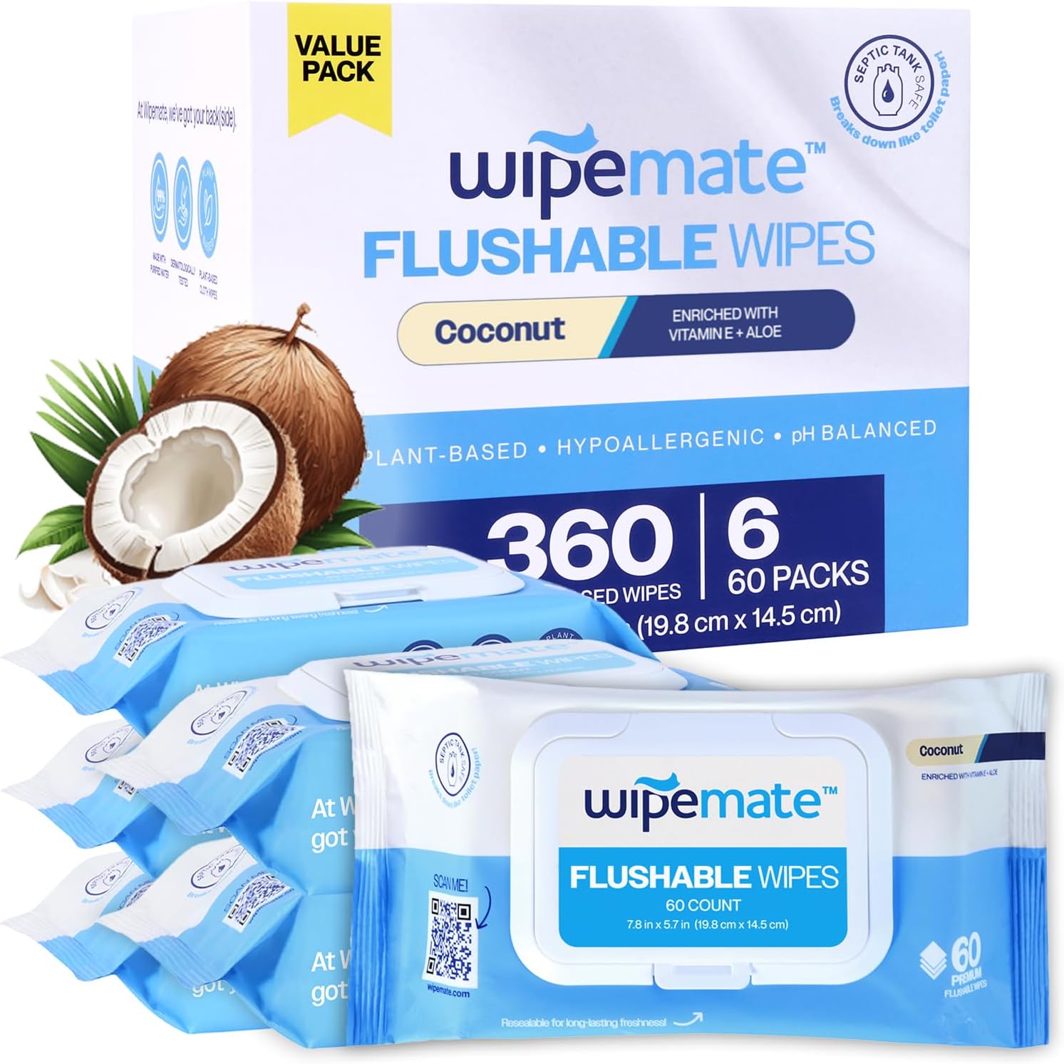 ULTRA Flushable Butt Wipes, Soothing Vitamin E & Aloe, 99% Water, Coconut Scent Premium Super Soft Hygiene Wipes, Septic & Sewer Safe, 6 Premium Flip-Top Packs (360) Ct