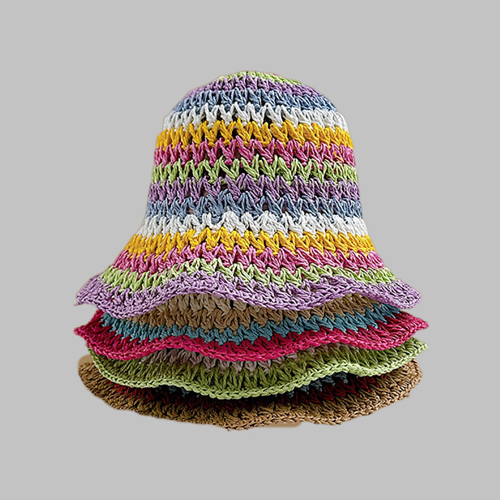 BAIMORE Women's Handmade Crochet Rainbow Stripe Foldable Beach Boho Bucket Hat