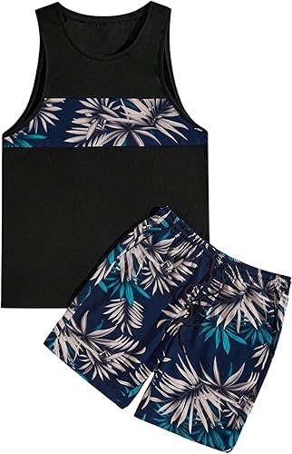 Miniatura 5 de GORGLITTER Conjunto de 2 piezas para hombre con estampado floral cintura elástica pantalones cortos sin mangas