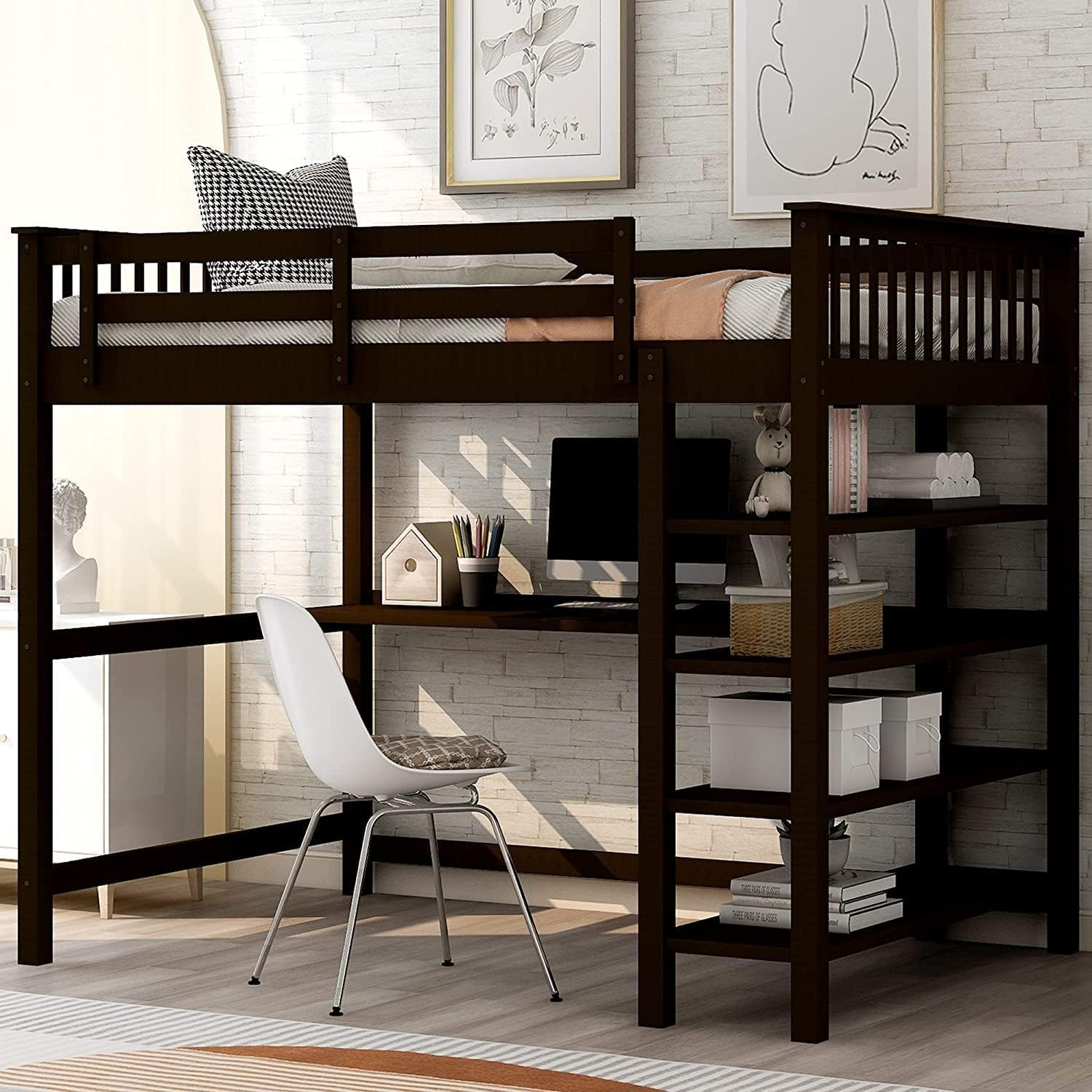 Virabit Full Loft Bed with Desk, Loft Bed with Storage Shelf, Solid Wood Frame Full Size Loft Bed
