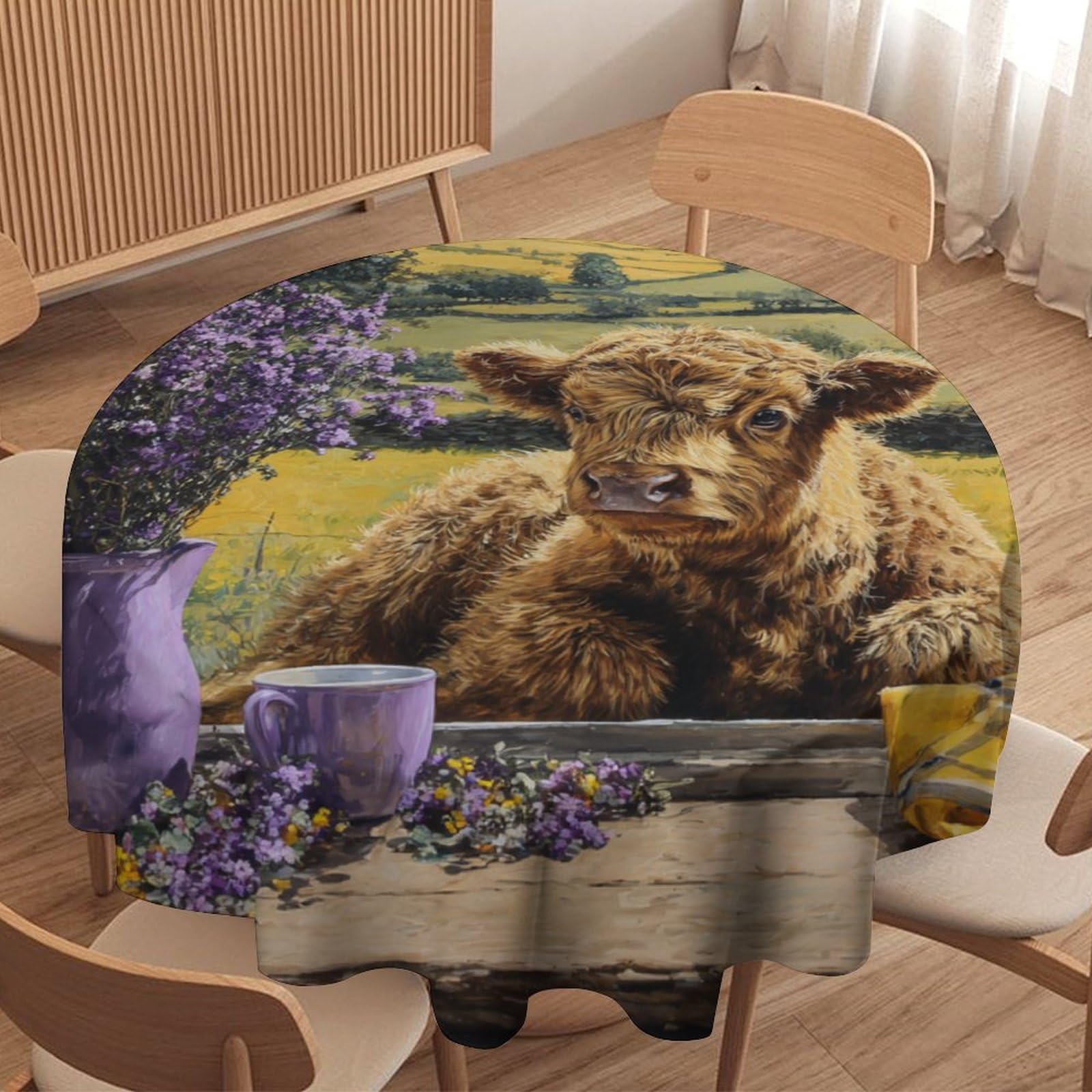 LUYYSKY Cute Realistic Highland Cow Round Tablecloth Beautiful Rustic Farm Plants Floral Animals Highland Cow Pattern Washable Decor for Table Cover for Kitchen-177.8" Wx177.8 L cm