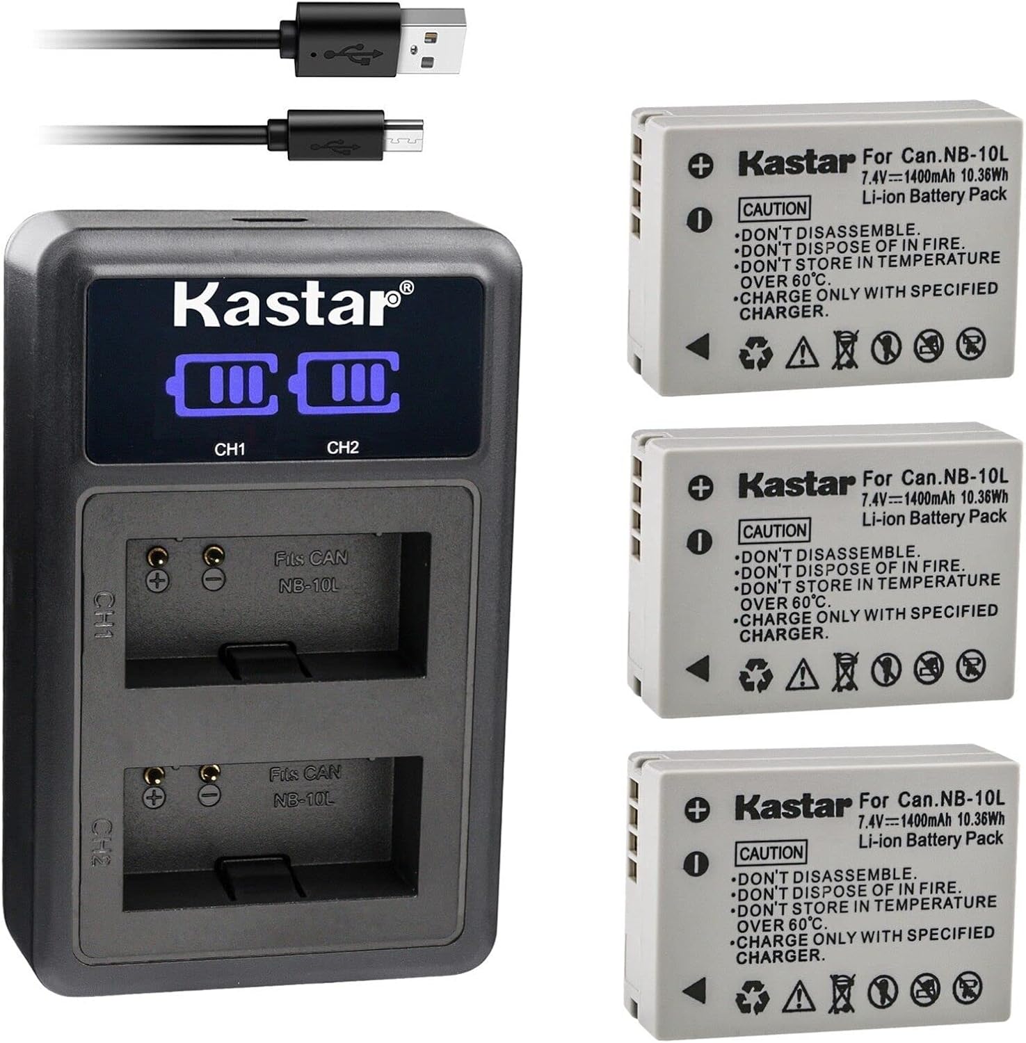 Kastar 4-Pack NB-10L Battery and LED2 USB Charger Compatible with Canon NB-10L NB10L, NB-10LH NB10LH Battery, Canon CB-2LC Charger, Canon G1X G3X G15 G16 SX40HS SX50HS SX60HS Camera