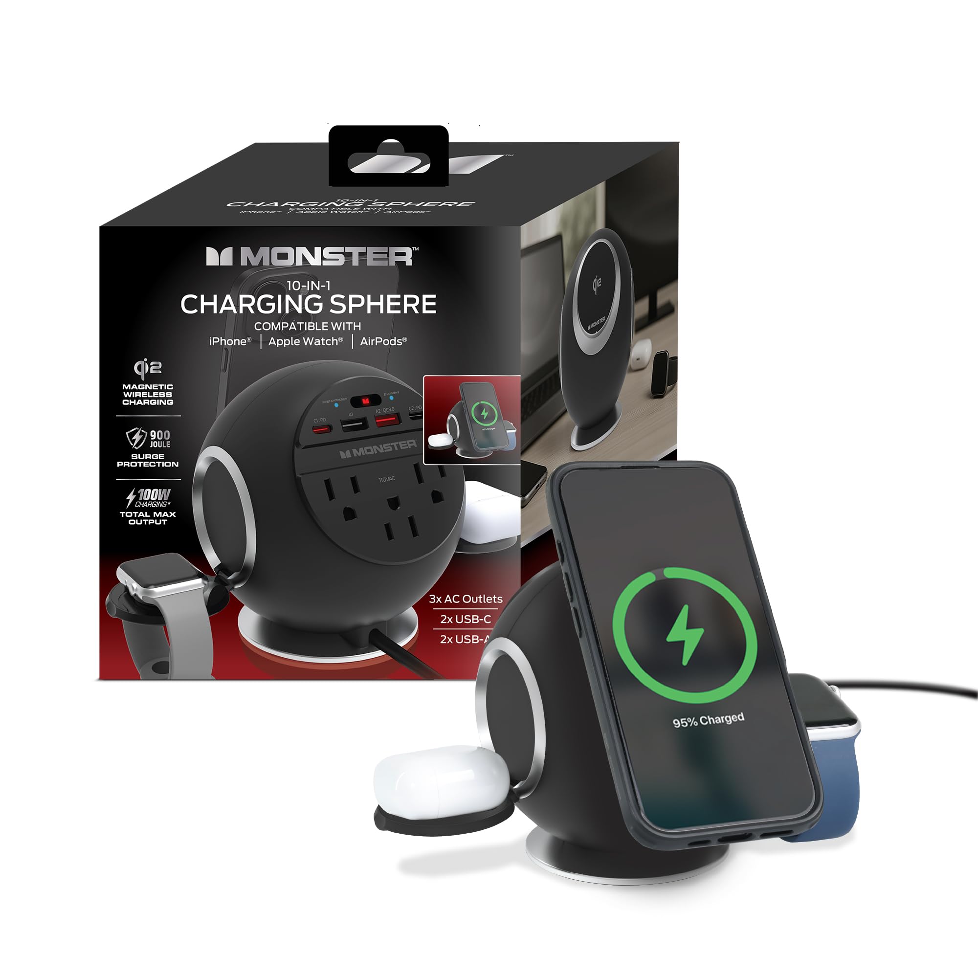 Monster Estación de carga 10 en 1, incluye 3 salidas de CA, 2 puertos USB-A, 2 puertos USB-C PD (65 W máximo), 3 cargadores inalámbricos compatibles con teléfonos compatibles con Qi (15 W), Apple
