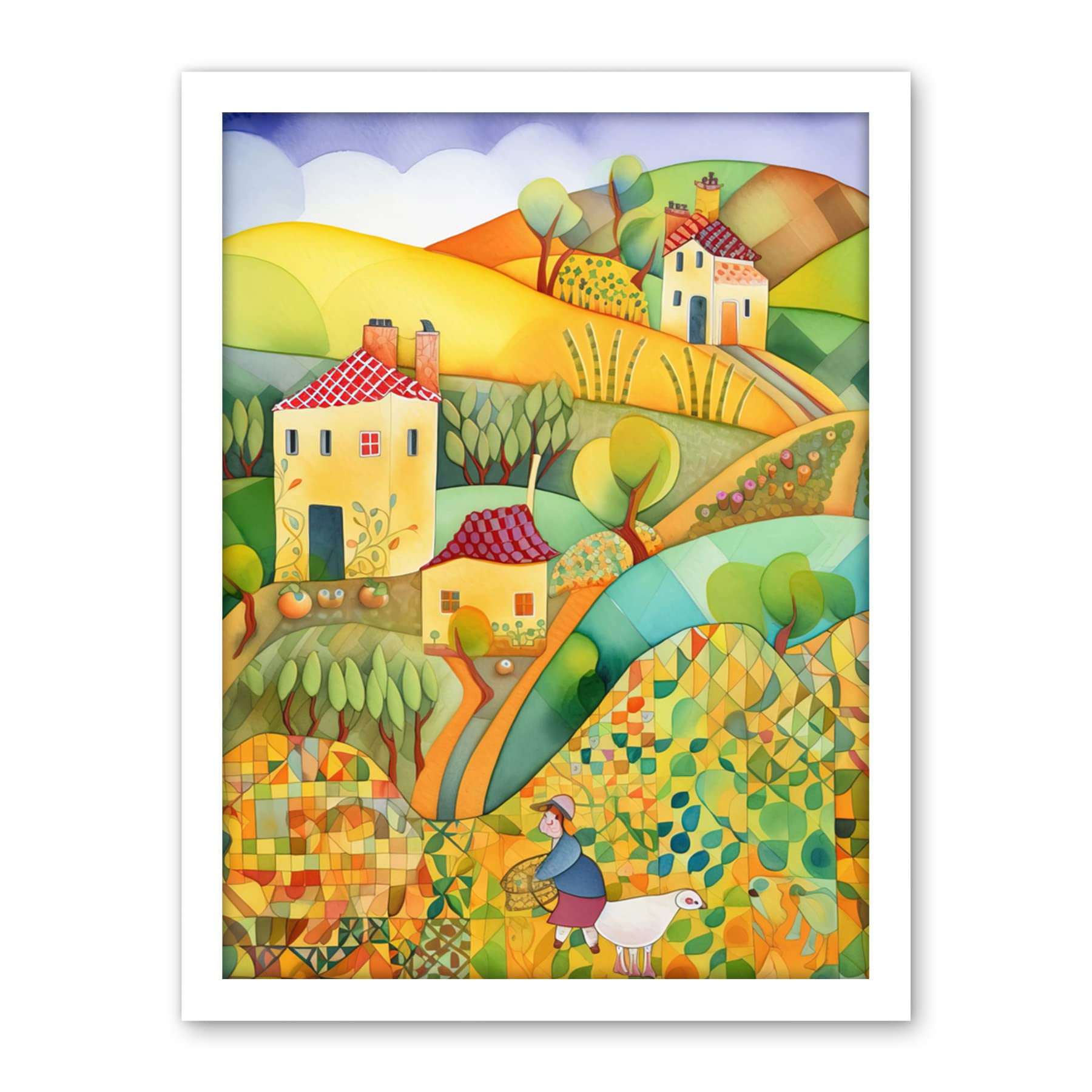 Artery8 Countryside Farming Folk Art Watercolour Painting Artwork Framed Wall Art Print 18X24 Inch