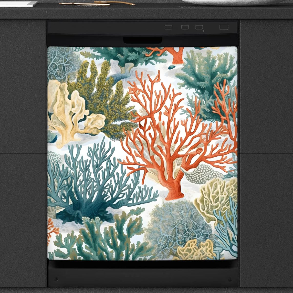 Mexpekil Adesivo decorativo per lavastoviglie Coral Sea, 53 x 66 cm, adesivo decorativo per lavapiatti per porta d'ingresso, impermeabile, per pannello elettrodomestico da cucina, decalcomania
