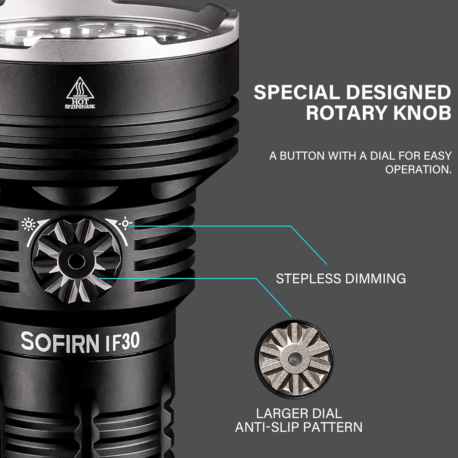 Close-up of the Sofirn IF30's rotary knob for stepless dimming