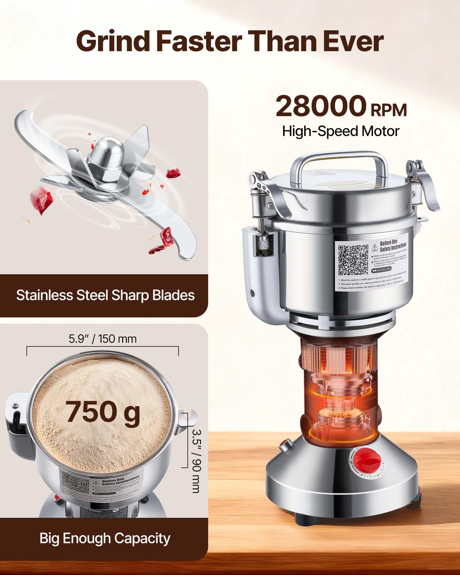 VEVOR Molinillo de Granos Eléctrico 2000 W Capacidad de 750 g Molinillo de Especias de Alta Velocidad con Pulverizador de Acero Inoxidable para Granos Secos Especias Cereales Café Maíz Pimienta
