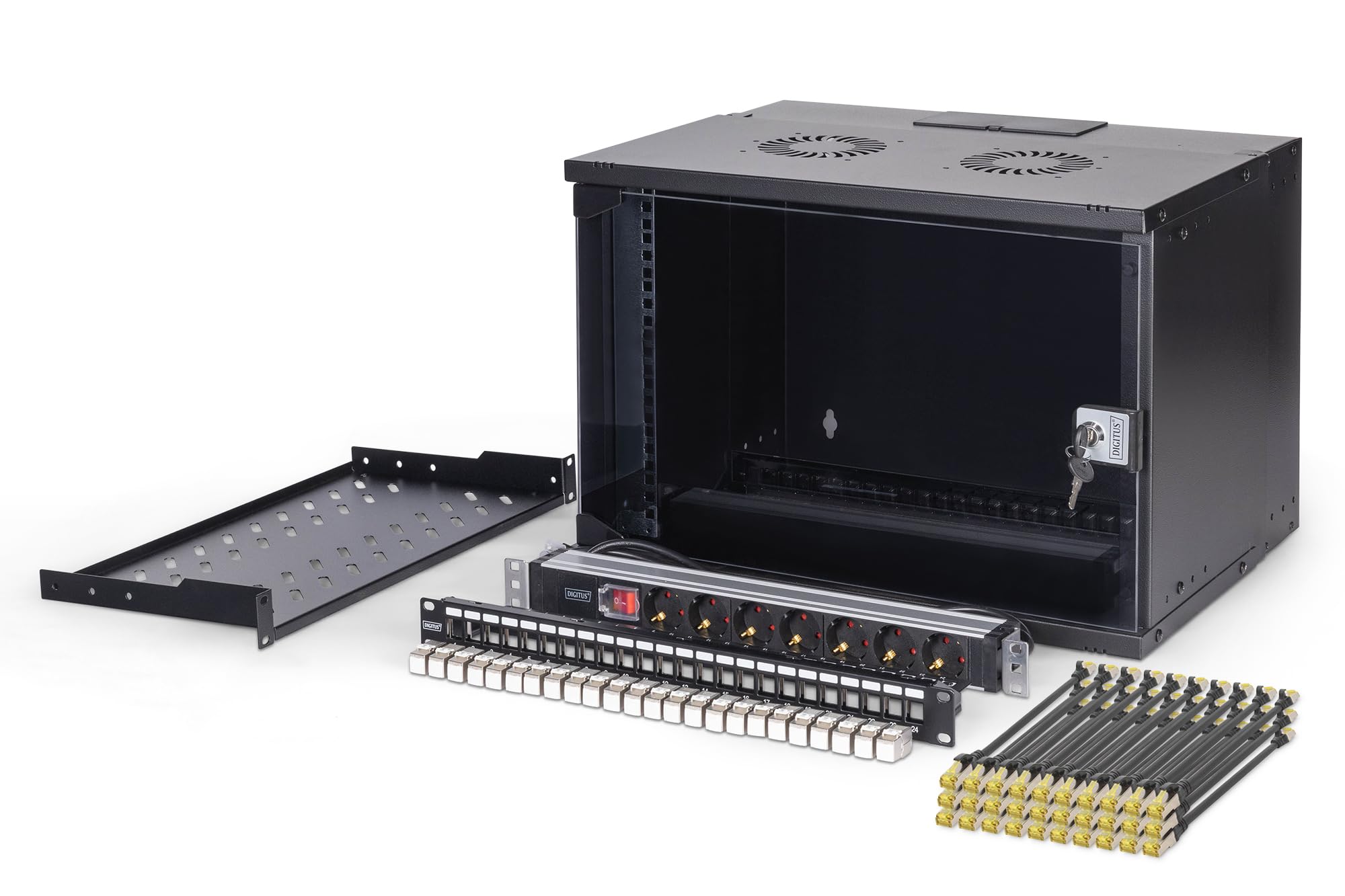 DIGITUS 19 Zoll Netzwerk-Set – 7HE – unmontiert – SOHO PRO – Schwarz | Netzwerkschrank – Steckdosenleiste – 1HE Fachboden – 24-Port Patch Panel – 24 Keystone Module – 30 Patchkabel