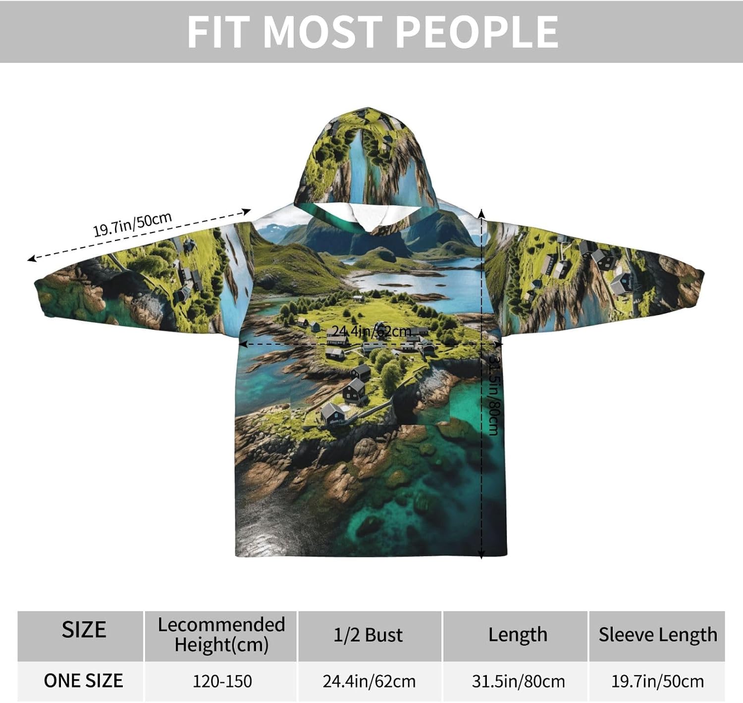 Norway Islands Print Oversized Blanket Hoodie, Wearable Blanket Hooded,Hooded Pullover With Pocket