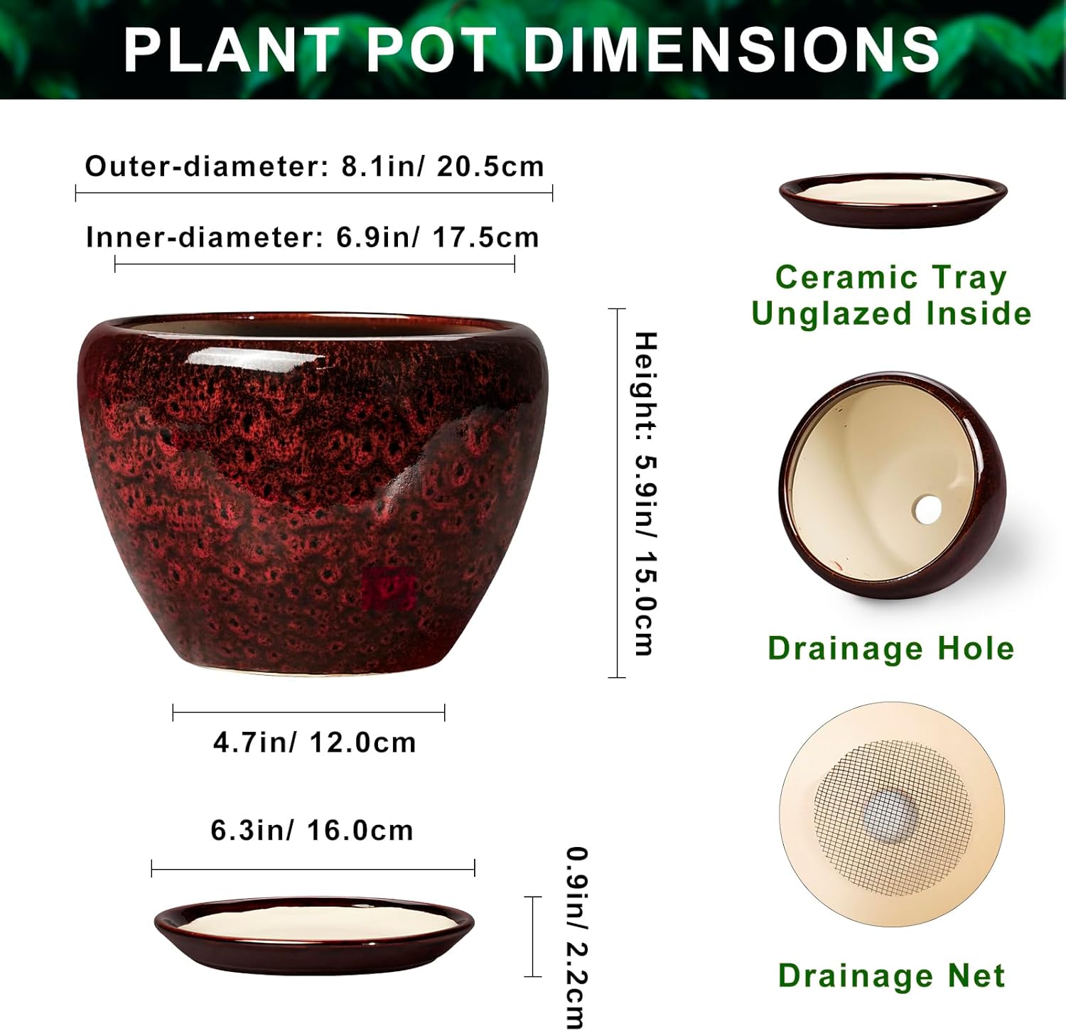 8 inch planter - ceramic plant pots with drainage hole and saucer, decorative plant pots for indoor plants outdoor, round planter, modern office decor, gifts for gardeners, red leopard 8 inch red leopard