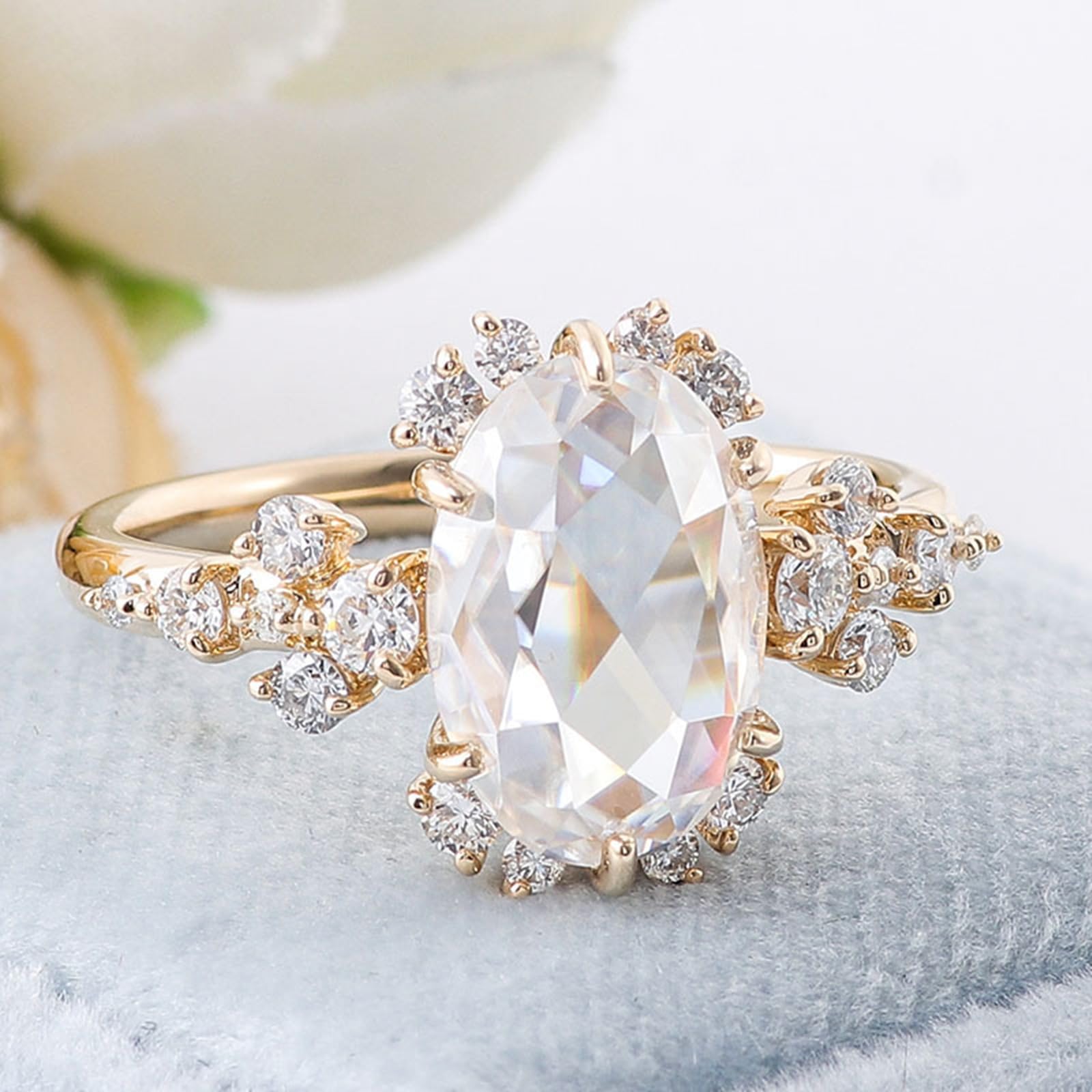 Obrączki ślubne damskie, luksusowe pierścionki boho z owalnym moissanitem w oprawie 6-rapowej, żółte złoto 18K