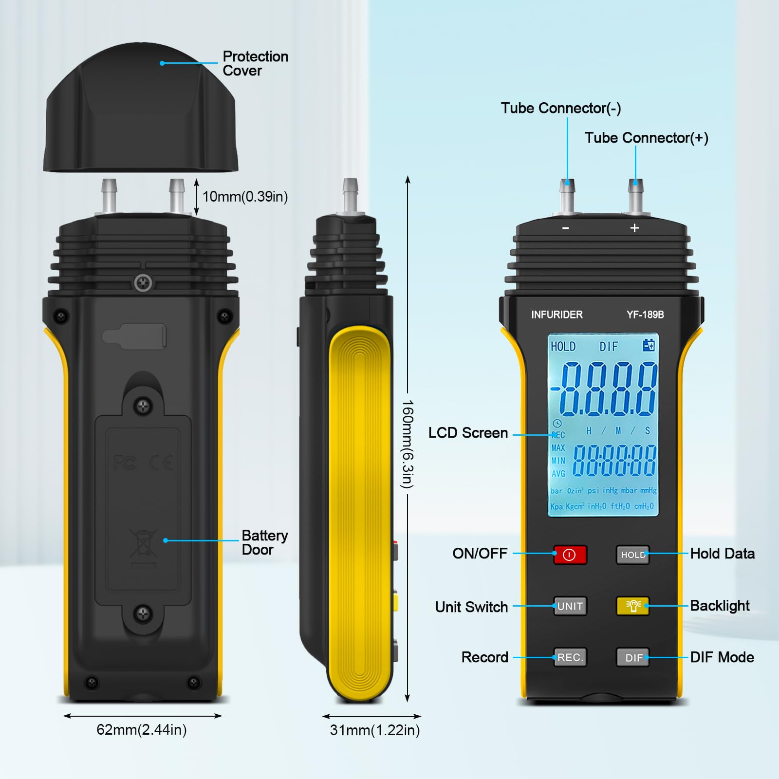 Manometro Differenziale 30psi con Copertura Protettiva, Tester di Pressione del Gas 11 Unità, Misuratore di Pressione Dell'aria YF-189B con Funzione di Mantenimento Dati, Retroilluminata per HVAC