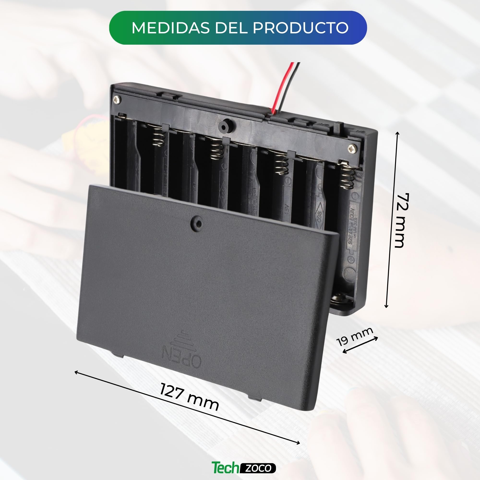TECHZOCO Porta batterie con interruttore on/off, supporto batteria AA, scatola batteria, porta batterie, cavo da 200 mm, tensione totale: 12 V (1,5 V per batteria), adatto per 8 batterie LR6 AA (FR6,