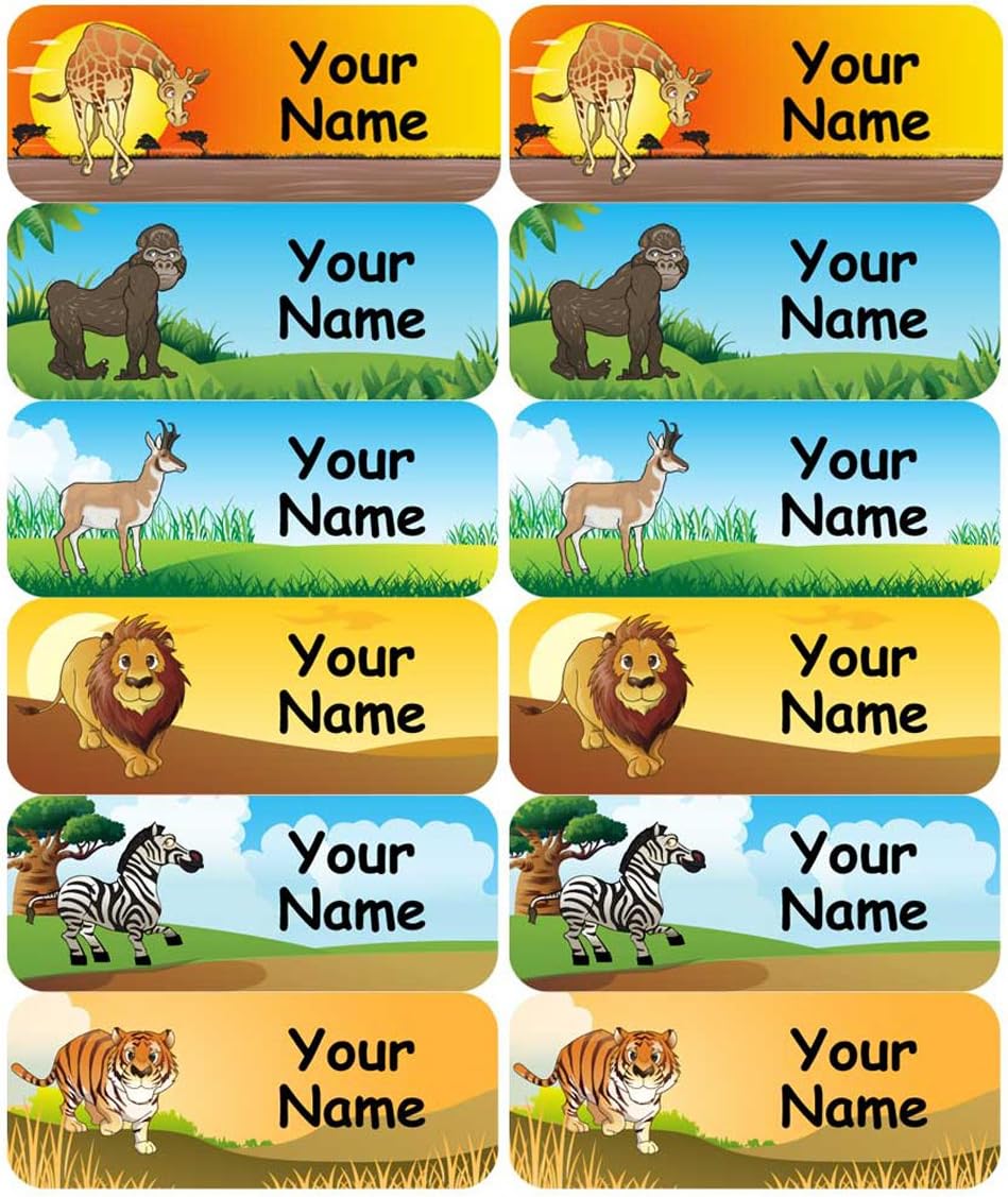 48 Personalised, Waterproof Medium Stick on Name Labels for kids (50x20mm) - Animal Design - Ideal for School items - Water Bottles, Snack Boxes, Sports Gear, Musical Instruments etc. NOT suitable for Clothes.