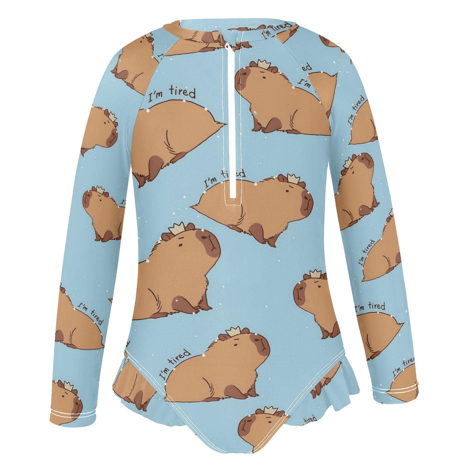 ALAZA Swimsuit for Girls Long Sleeve Rashguard Bathing Suit Capybara I'm So Tired Quick Dry 4T
