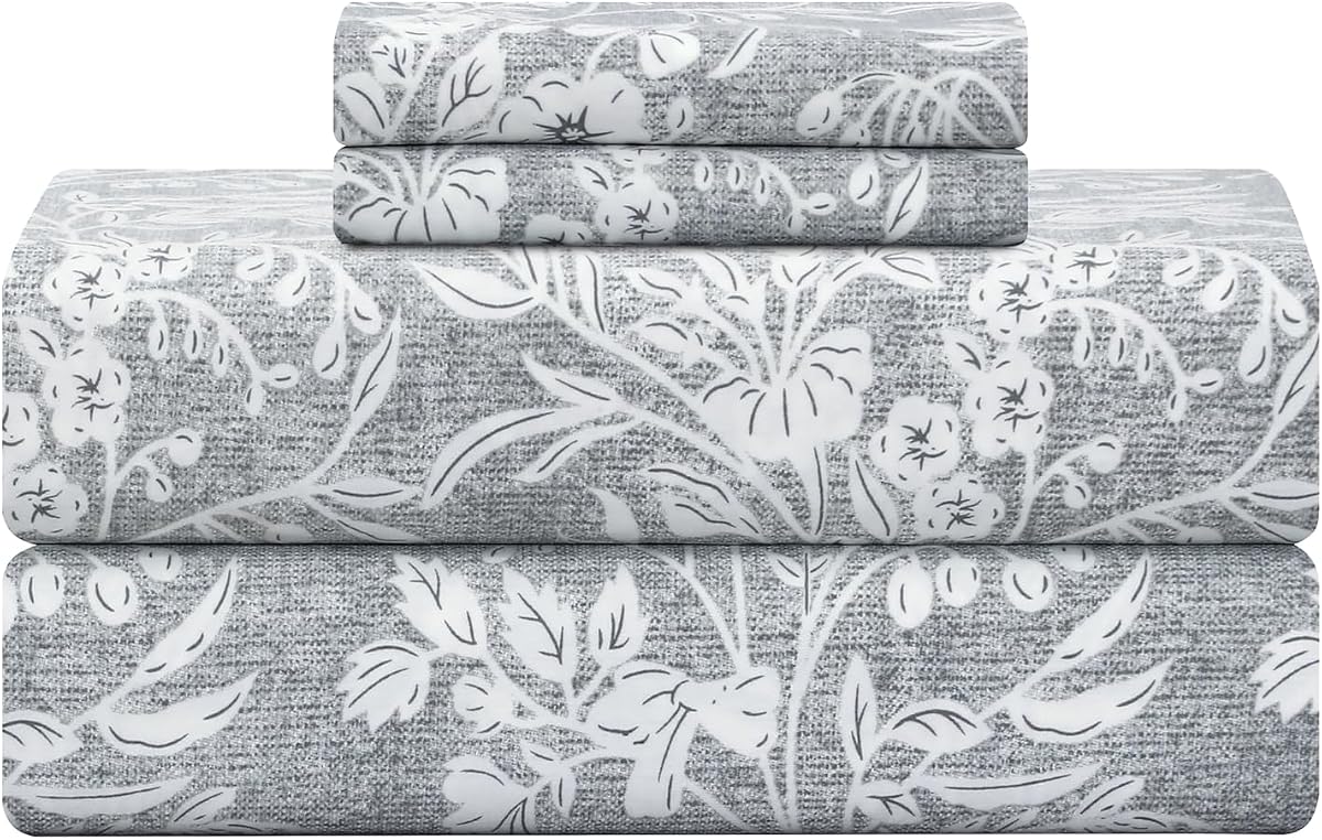 Feather & Stitch 300TC King Size 100% Cotton Sateen Weave Printed Sheet Set, Cooling & Breathable Bed Sheets Set, 4 Piece 16" Elastic Deep Pockets, Soft Hotel Quality- King, Grey Floral