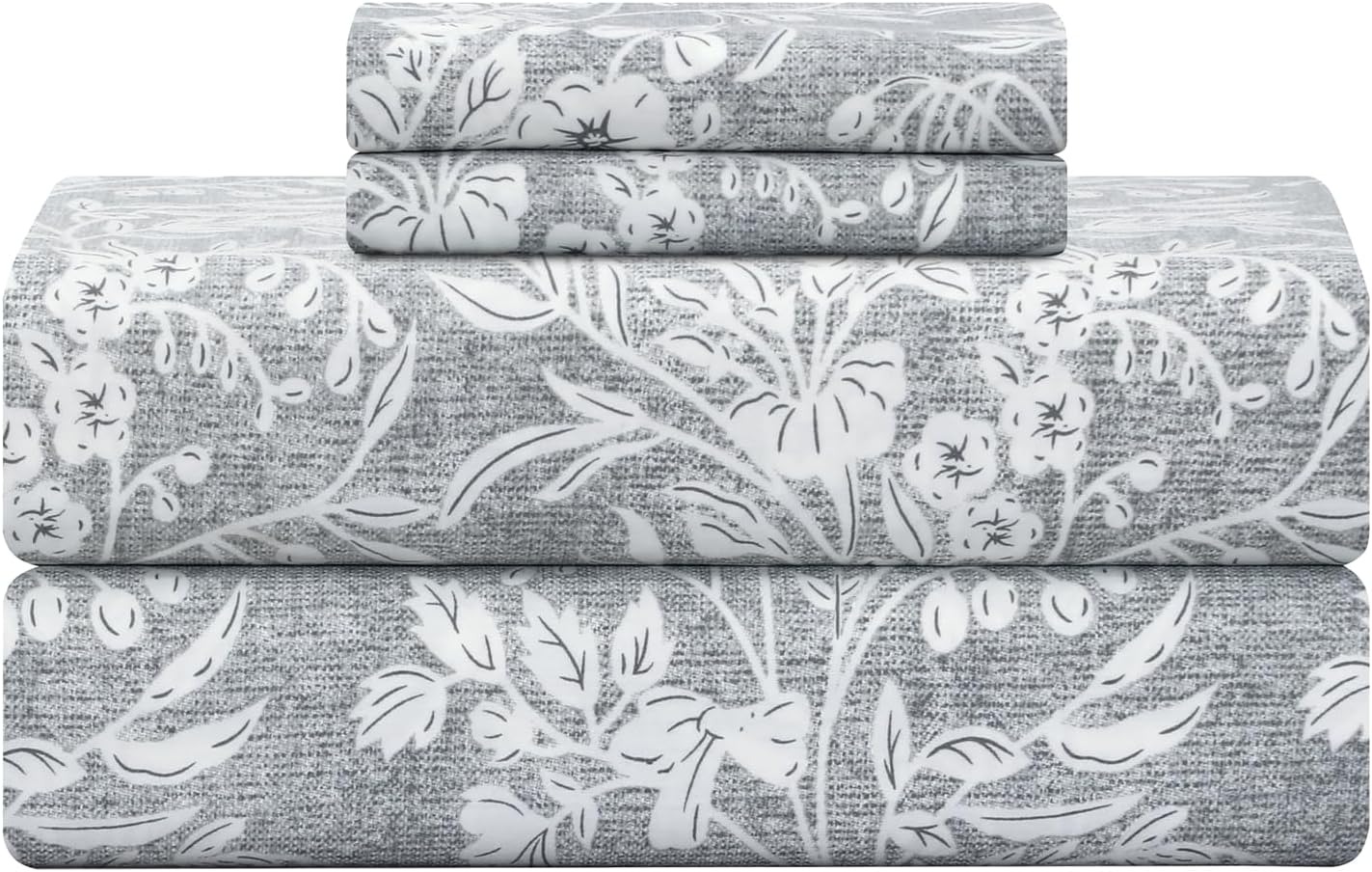 Feather & Stitch 300TC King Size 100% Cotton Sateen Weave Printed Sheet Set, Cooling & Breathable Bed Sheets Set, 4 Piece 16" Elastic Deep Pockets, Soft Hotel Quality- King, Grey Floral